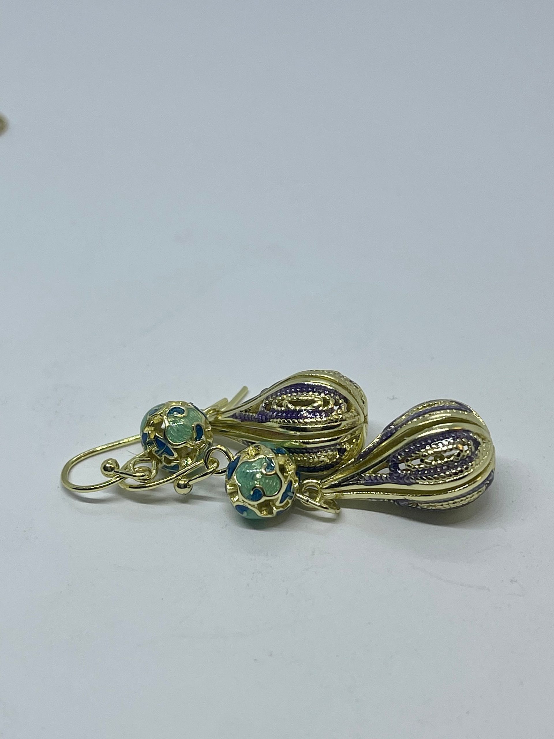 Blue Enamel Drop Earrings: Vintage Gold Tone Hypoallergenic Jewelry - Image 5