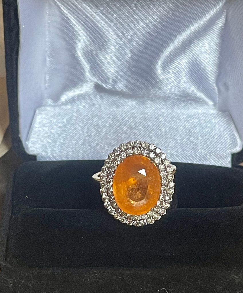 18kt Yellow Gold Padparadscha Sapphire Ring with Diamond Halo, Size 8