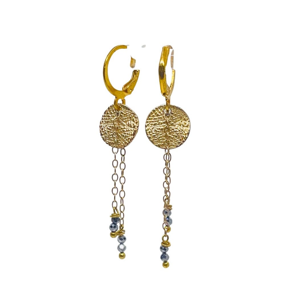 Dainty Black Diamond Gold Coin Earrings: 14k Yellow Gold Filled