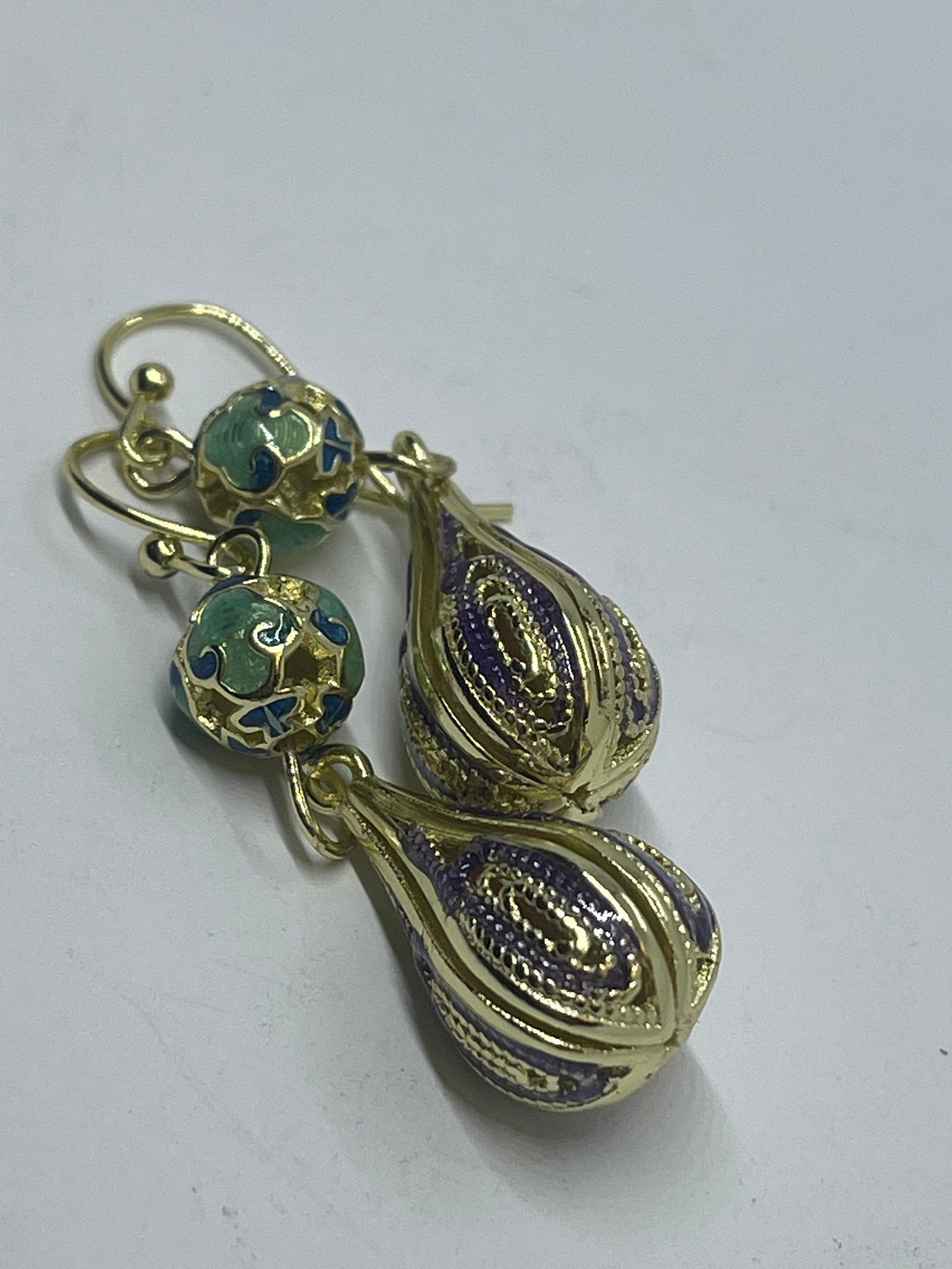 Blue Enamel Drop Earrings: Vintage Gold Tone Hypoallergenic Jewelry - Image 7