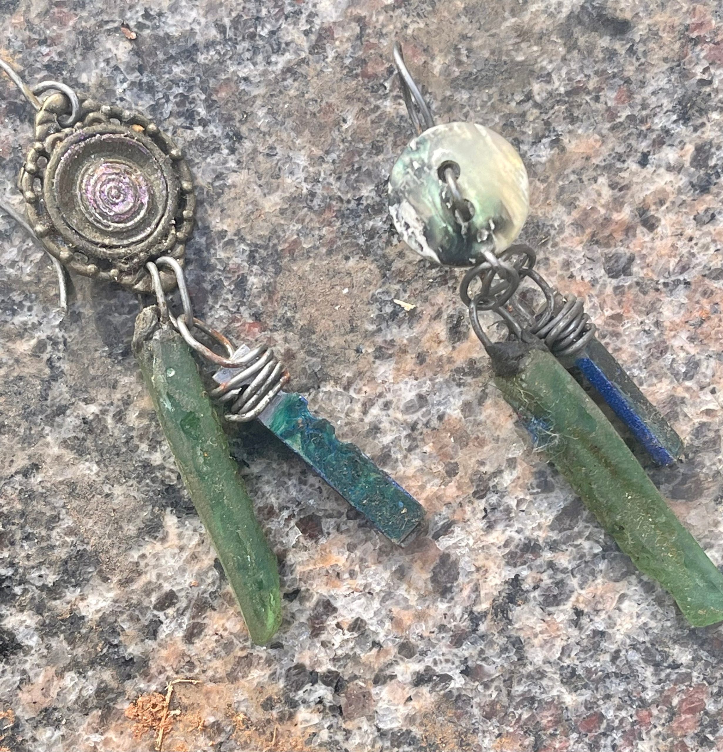 Handmade Roman glass blue enamel typewriter keys asymmetrical silver drop earrings - Image 7