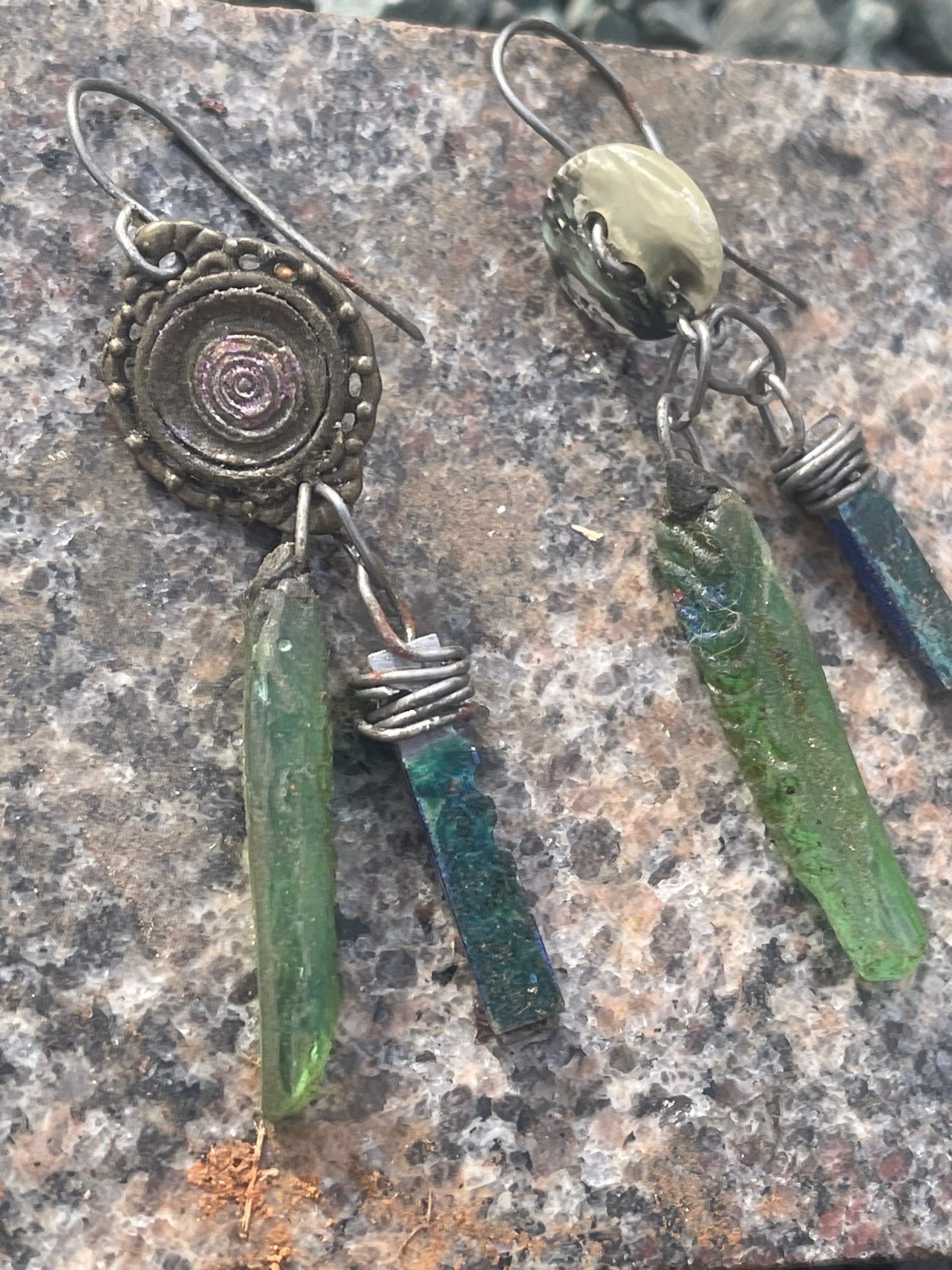 Handmade Roman glass blue enamel typewriter keys asymmetrical silver drop earrings - Image 8