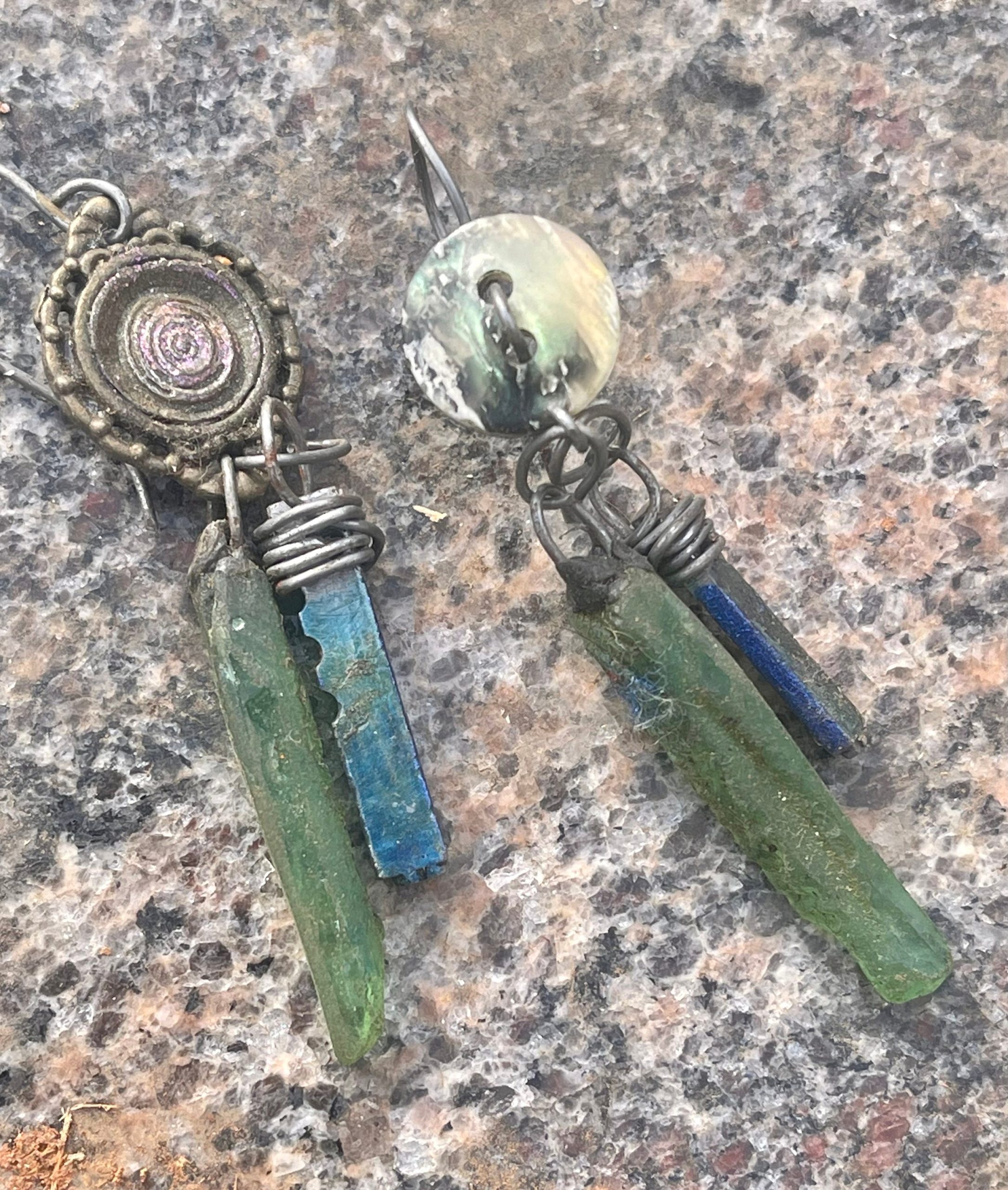 Handmade Roman glass blue enamel typewriter keys asymmetrical silver drop earrings