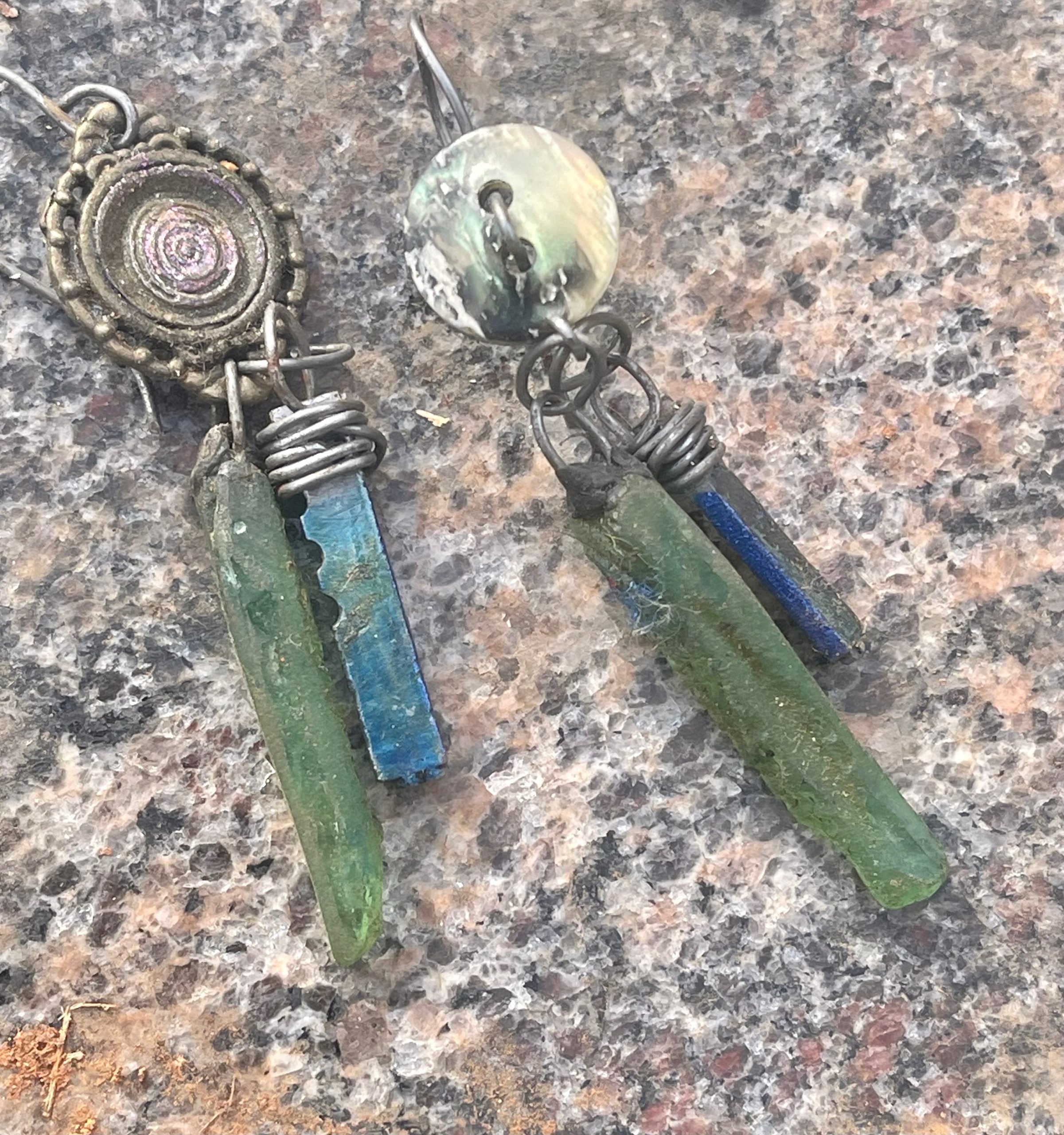 Handmade Roman glass blue enamel typewriter keys asymmetrical silver drop earrings - Image 2
