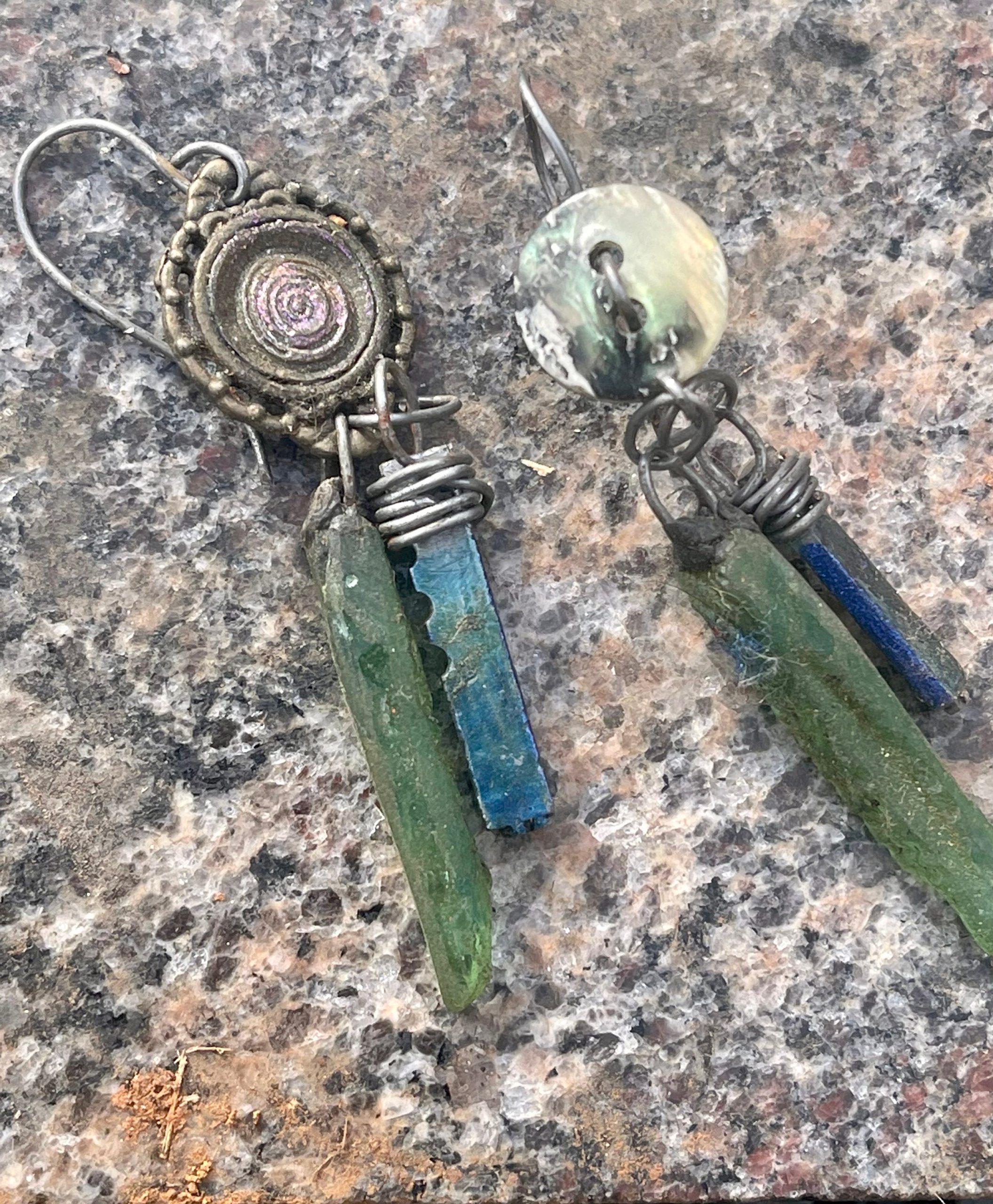 Handmade Roman glass blue enamel typewriter keys asymmetrical silver drop earrings - Image 3