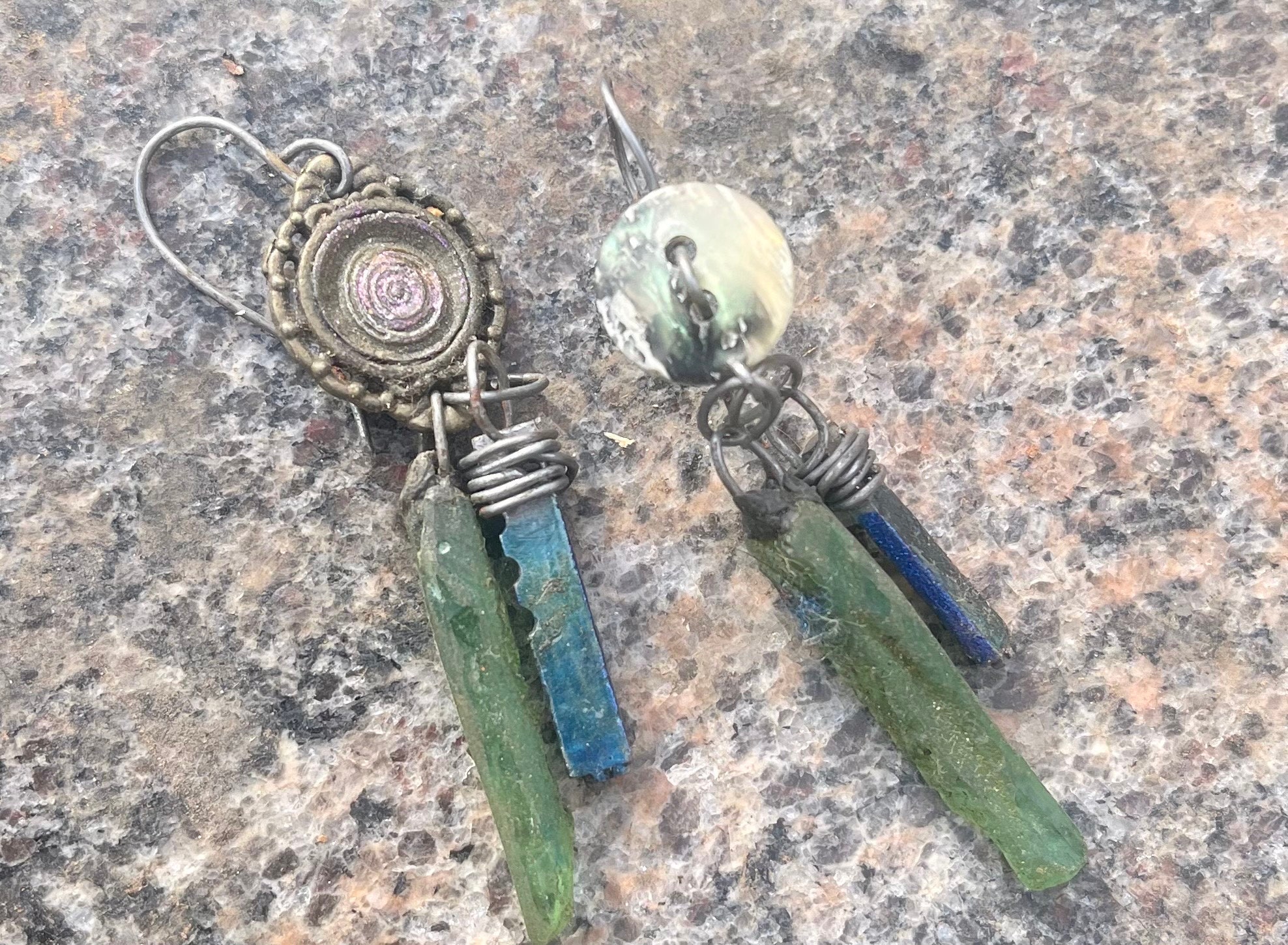 Handmade Roman glass blue enamel typewriter keys asymmetrical silver drop earrings - Image 4