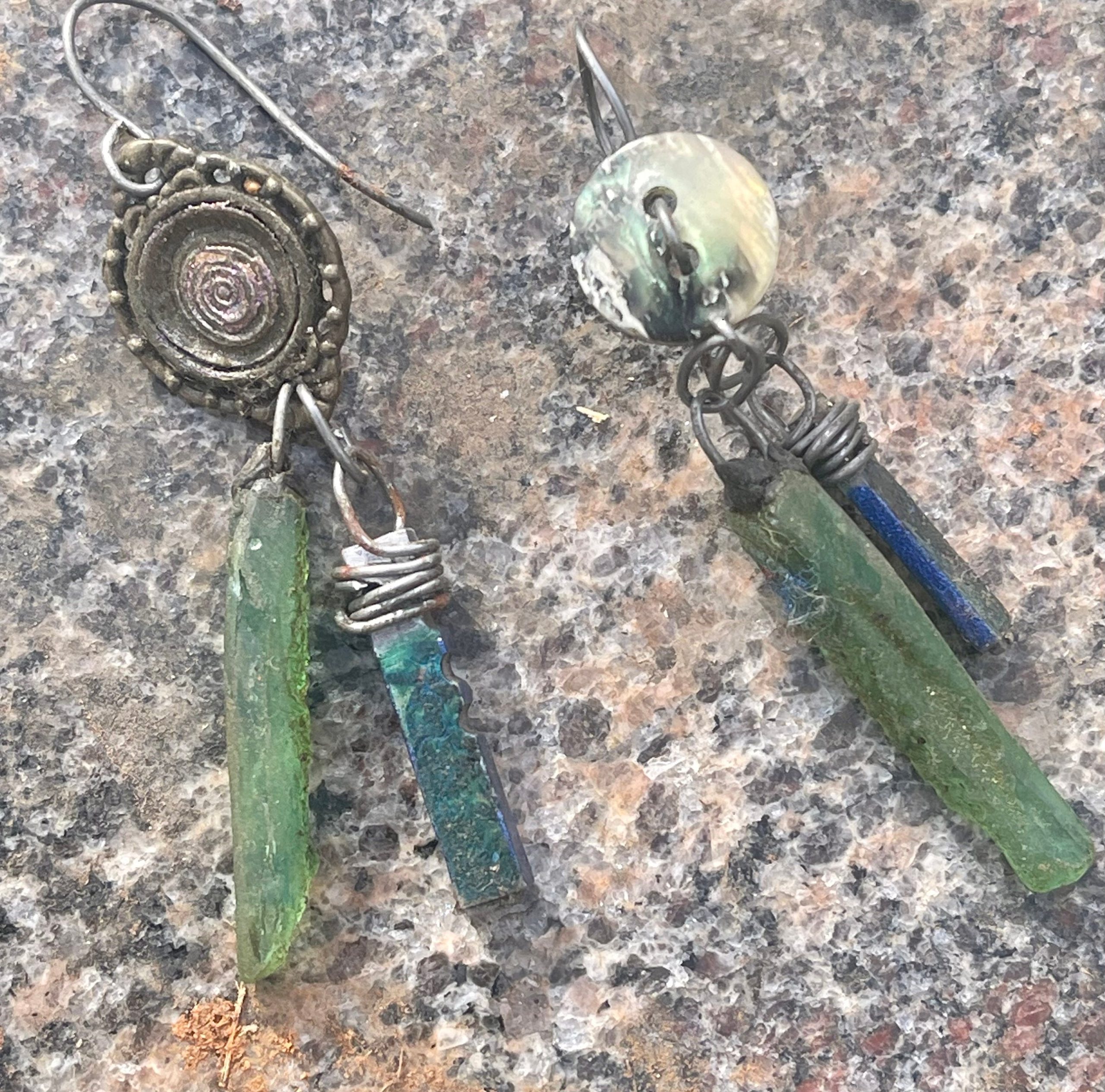 Handmade Roman glass blue enamel typewriter keys asymmetrical silver drop earrings - Image 6