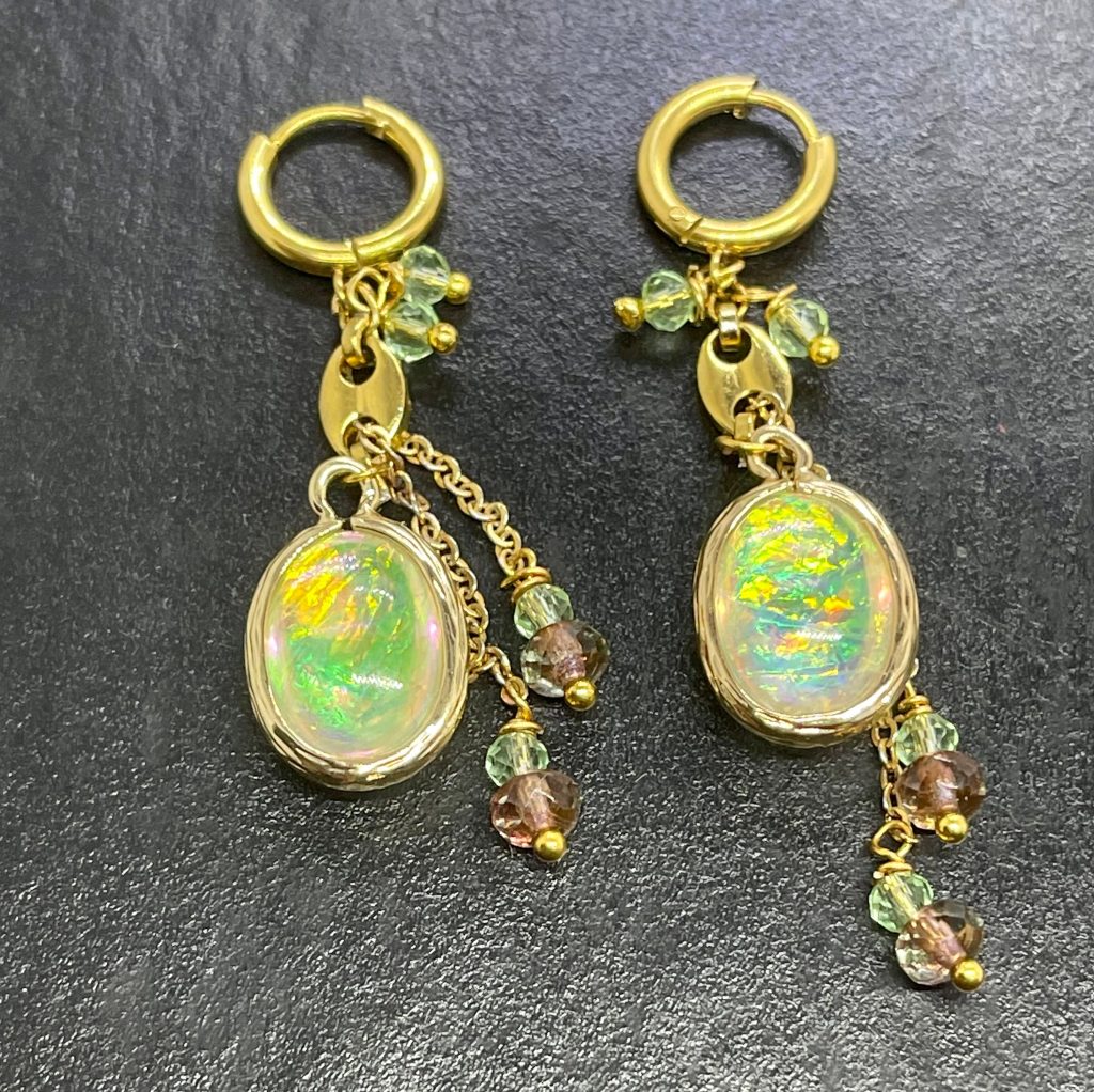 Aurora Opal Drop Earrings: Gold Dangle Resin Jewelry