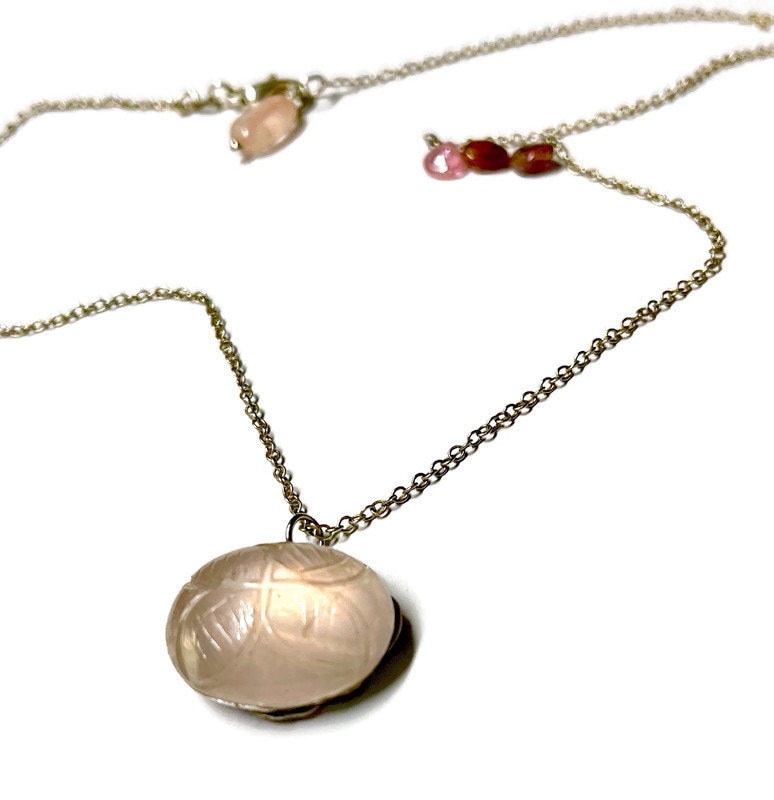 Carved Rose Quartz Skull Necklace: Antique Silver Filigree, Sterling Silver Chain