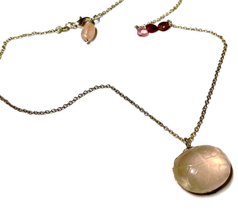 Carved Rose Quartz Skull Necklace: Antique Silver Filigree, Sterling Silver Chain - Image 2