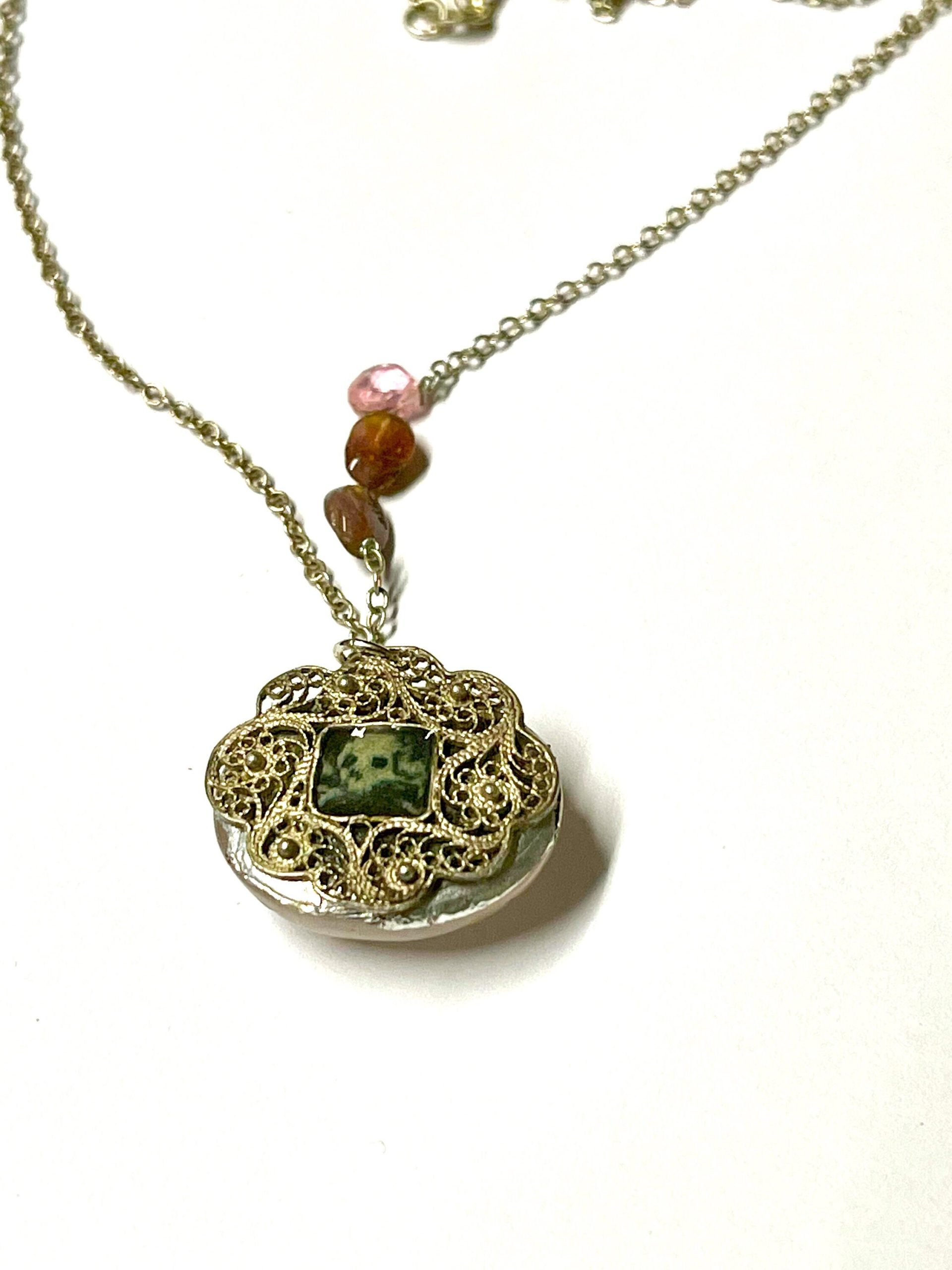 Carved Rose Quartz Skull Necklace: Antique Silver Filigree, Sterling Silver Chain - Image 4