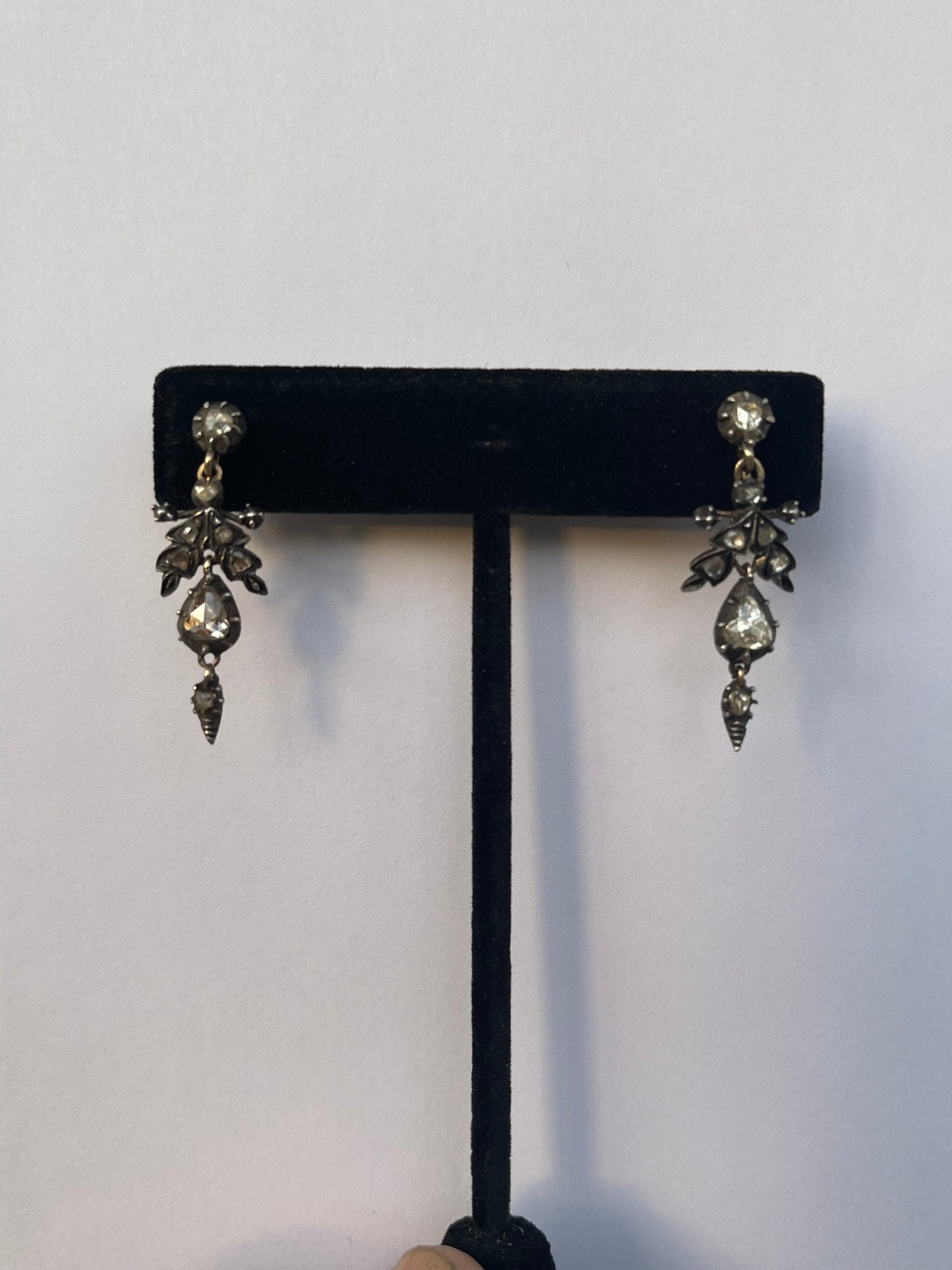 Antique Diamond Edwardian Gold Foil Back Rose Cut Diamond Earrings - Image 2