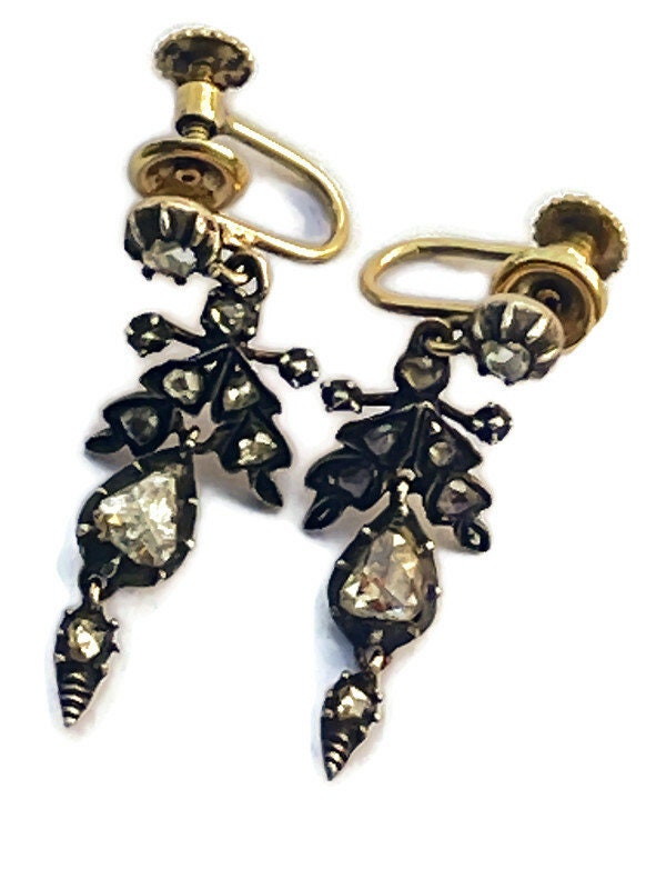Antique Diamond Edwardian Gold Foil Back Rose Cut Diamond Earrings - Image 8
