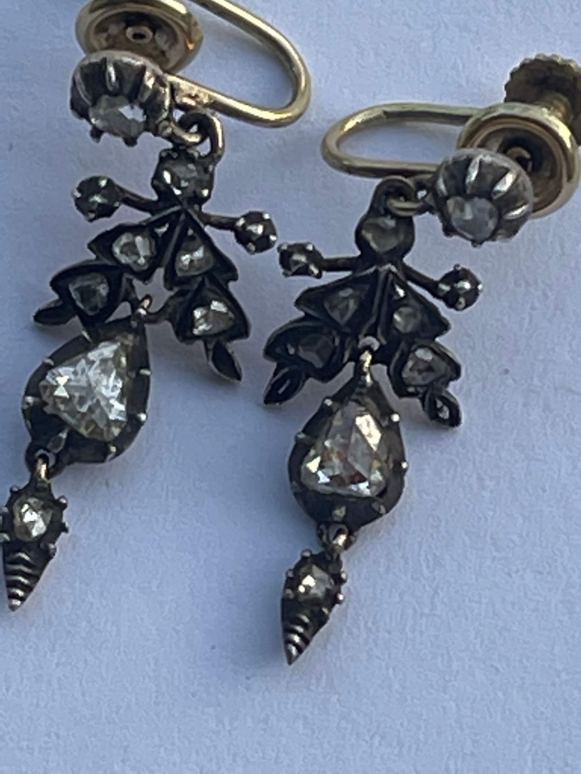 Antique Diamond Edwardian Gold Foil Back Rose Cut Diamond Earrings - Image 9
