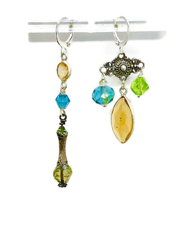 Asymmetrical Gemstone Sterling Silver Dangle Earrings: Citrine, Topaz, Peridot