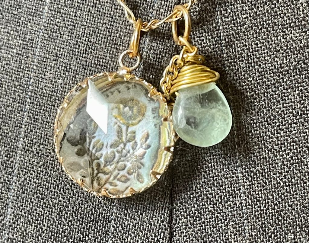 Victorian Rock Quartz Mourning Necklace: Aquamarine Pendant, Gold Filled Chain