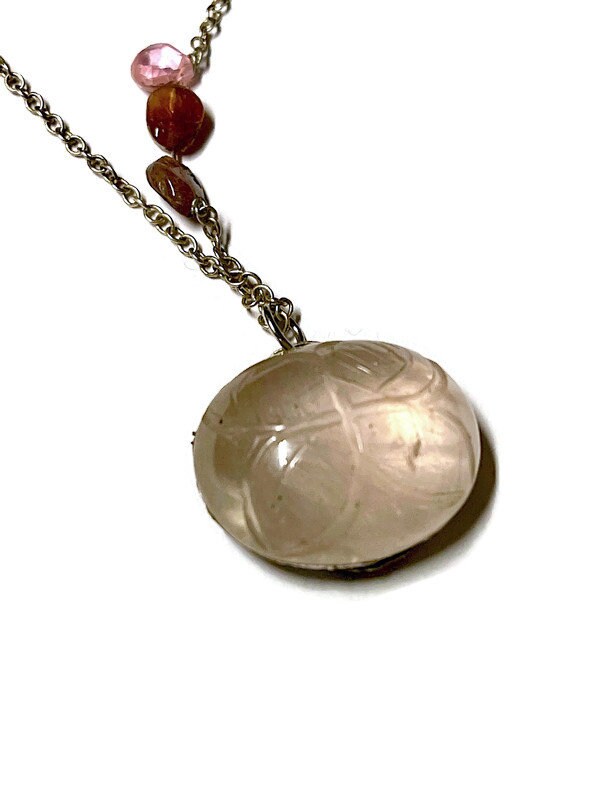 Carved Rose Quartz Skull Necklace: Antique Silver Filigree, Sterling Silver Chain - Image 3