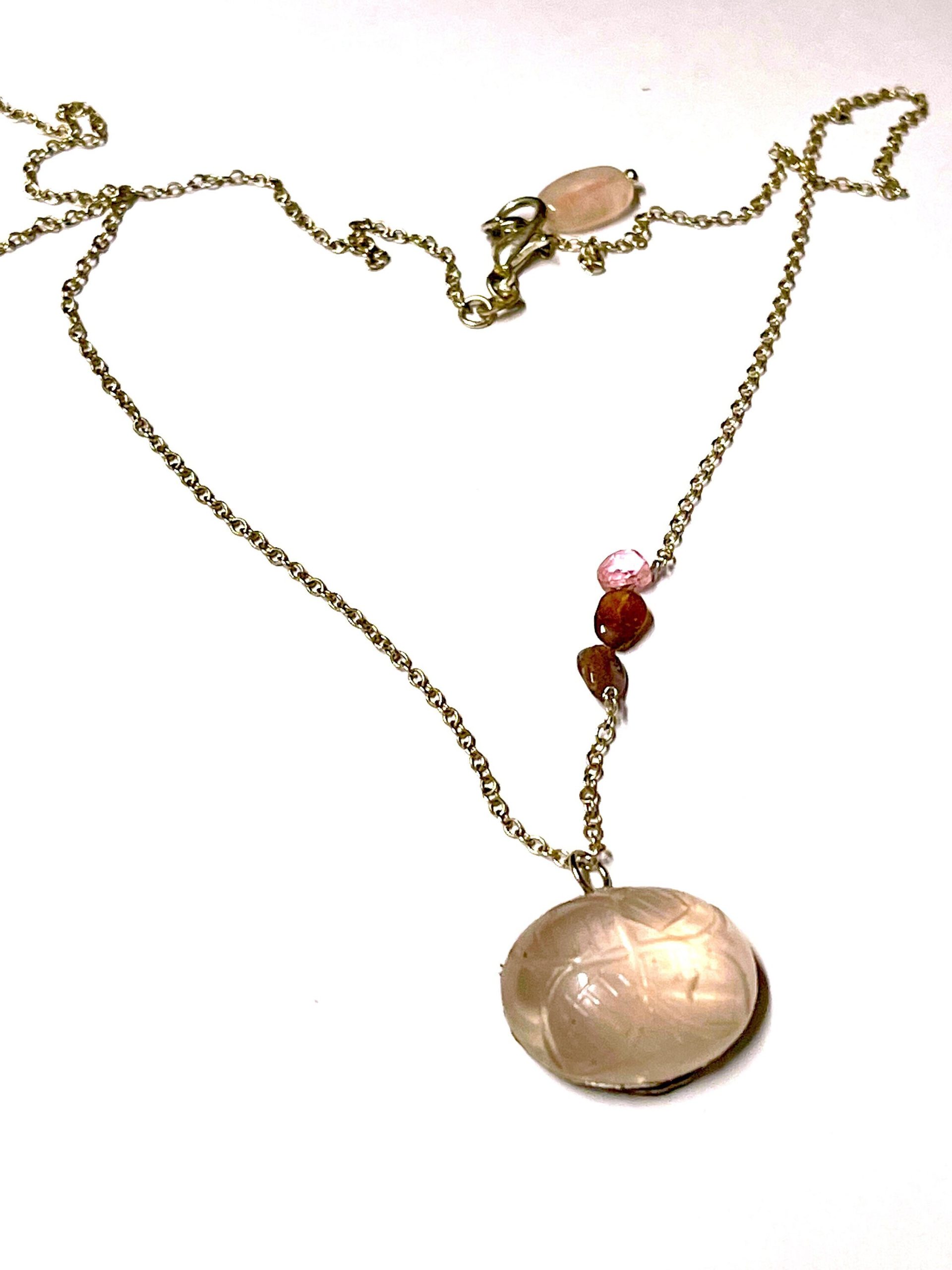 Carved Rose Quartz Skull Necklace: Antique Silver Filigree, Sterling Silver Chain - Image 5