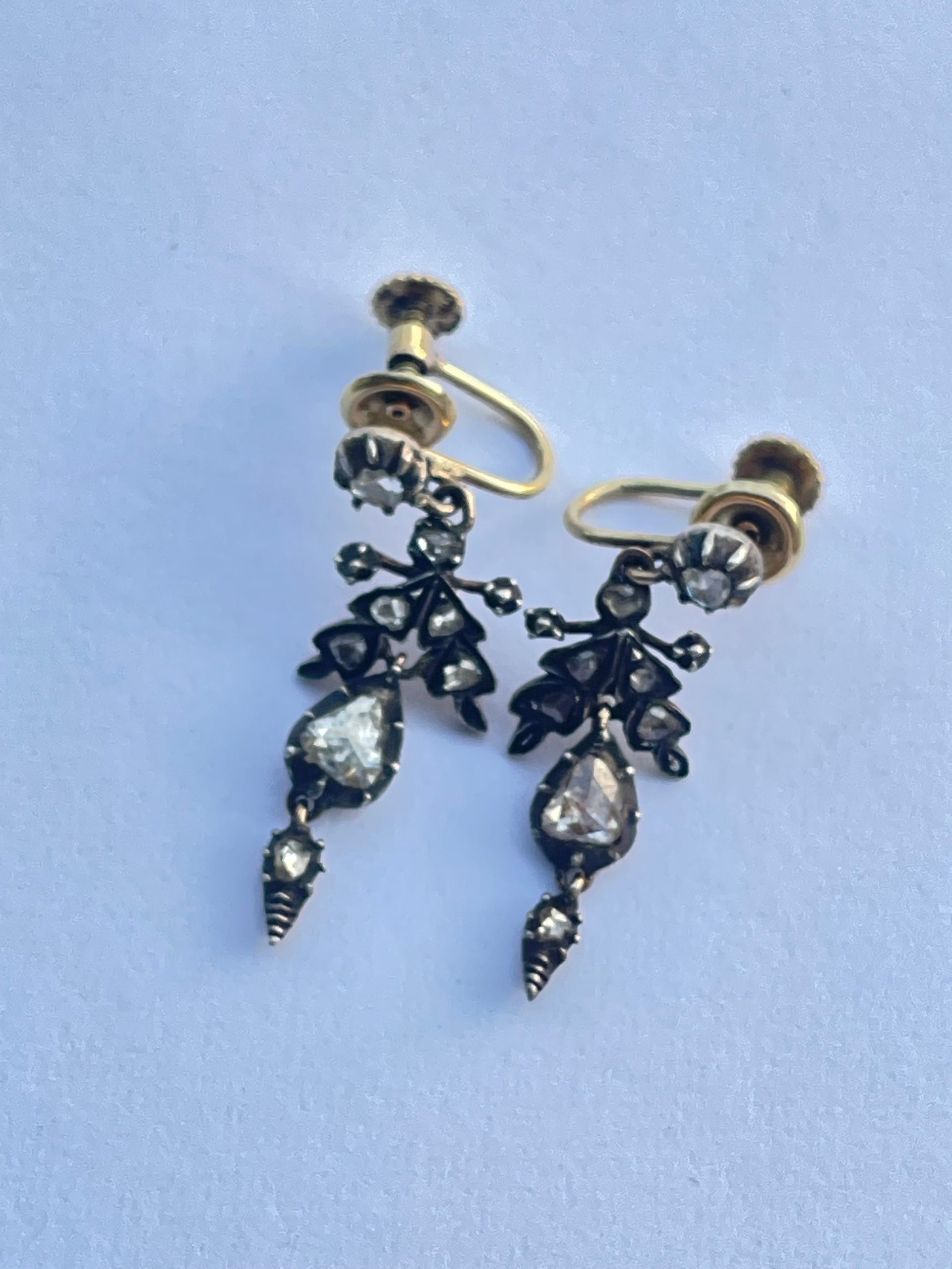 Antique Diamond Edwardian Gold Foil Back Rose Cut Diamond Earrings - Image 6