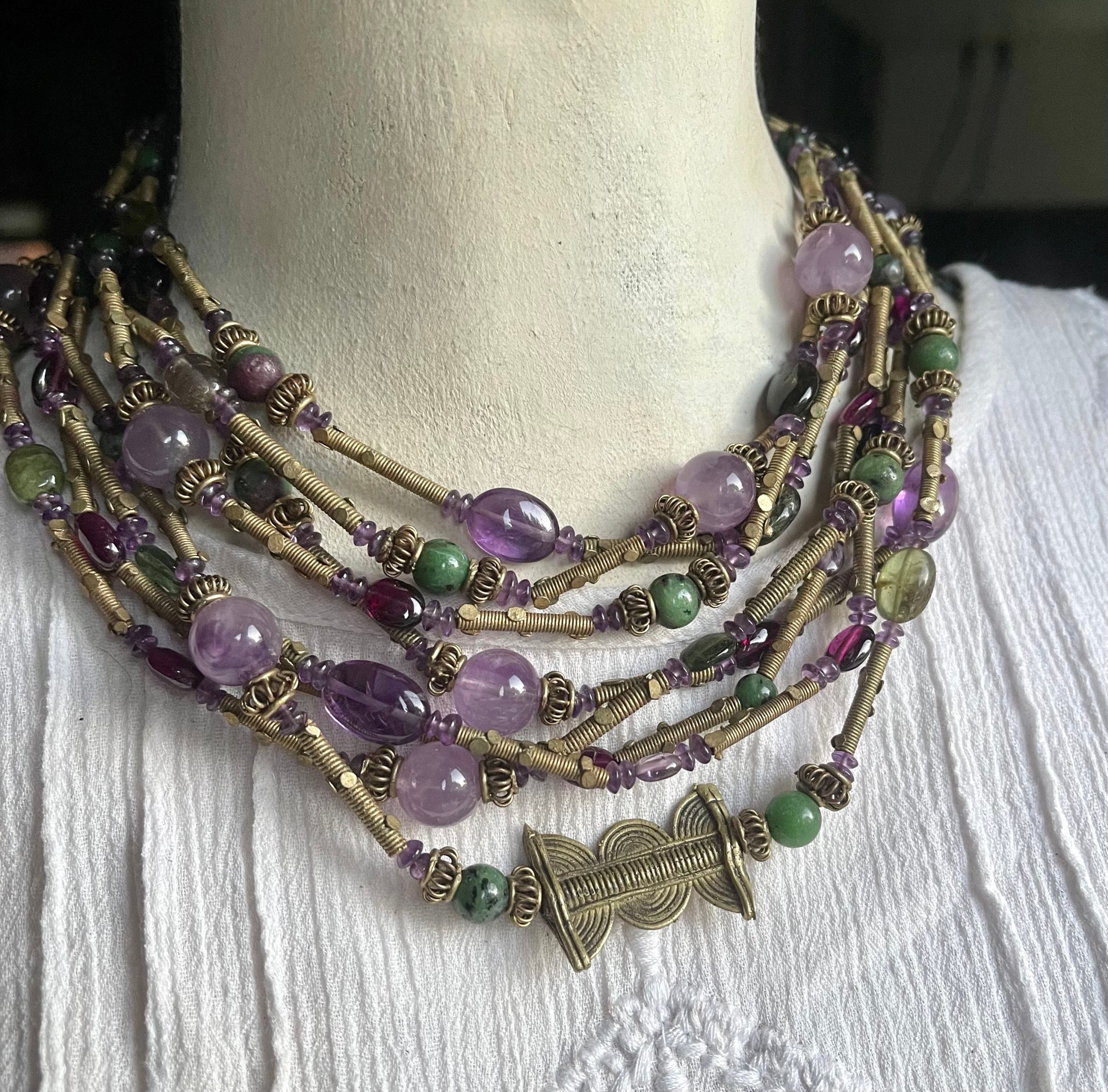 Vintage Gemstone Tribal Statement Necklace Amethyst zoisite garnet ruby gold necklace - Image 5