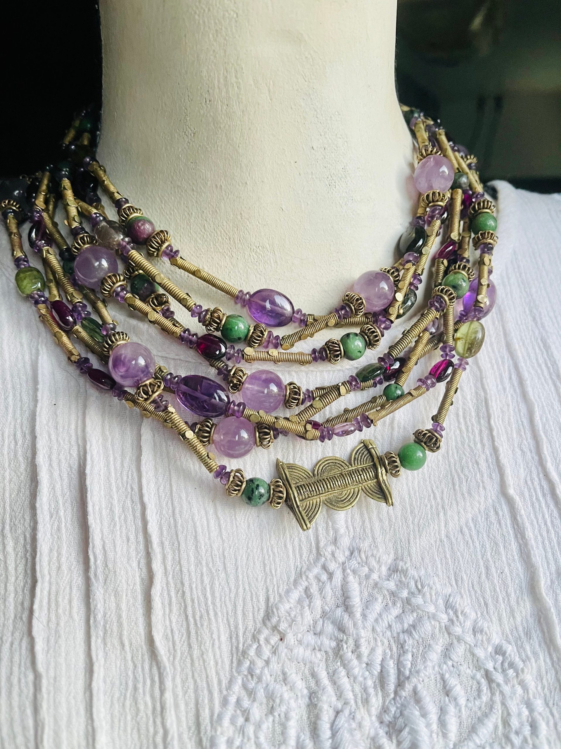Vintage Gemstone Tribal Statement Necklace Amethyst zoisite garnet ruby gold necklace - Image 3