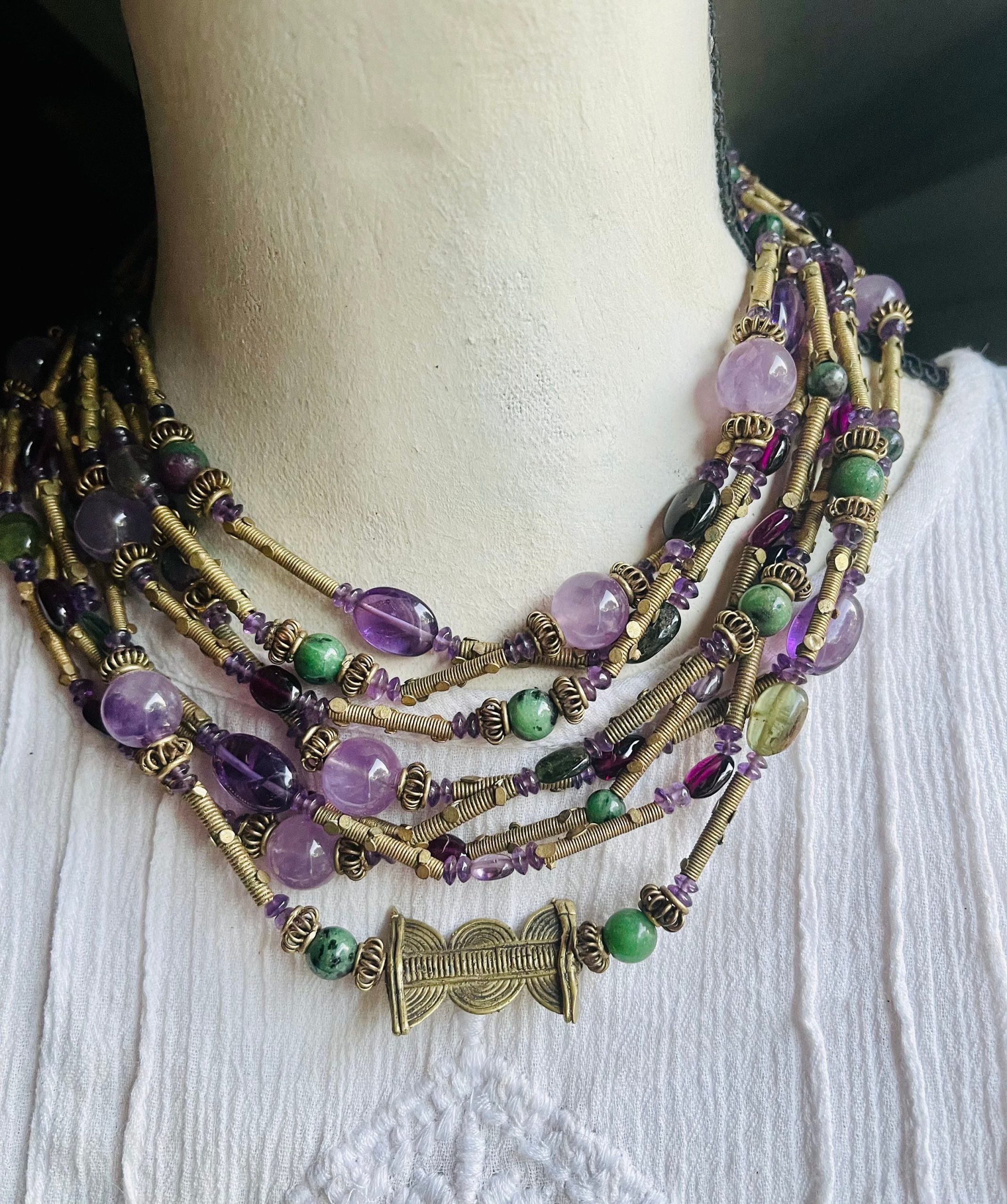 Vintage Gemstone Tribal Statement Necklace Amethyst zoisite garnet ruby gold necklace - Image 2