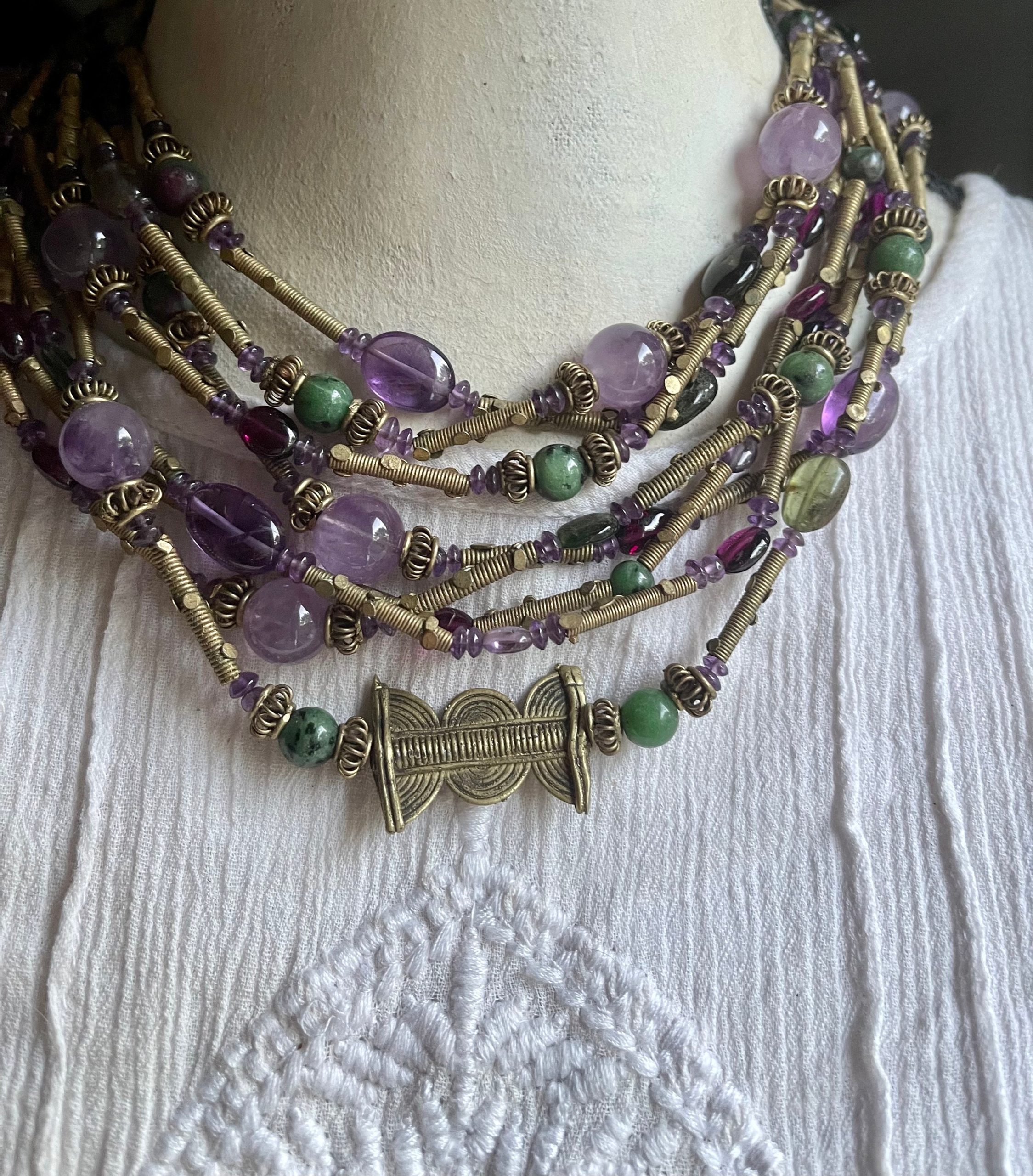 Vintage Gemstone Tribal Statement Necklace Amethyst zoisite garnet ruby gold necklace - Image 6