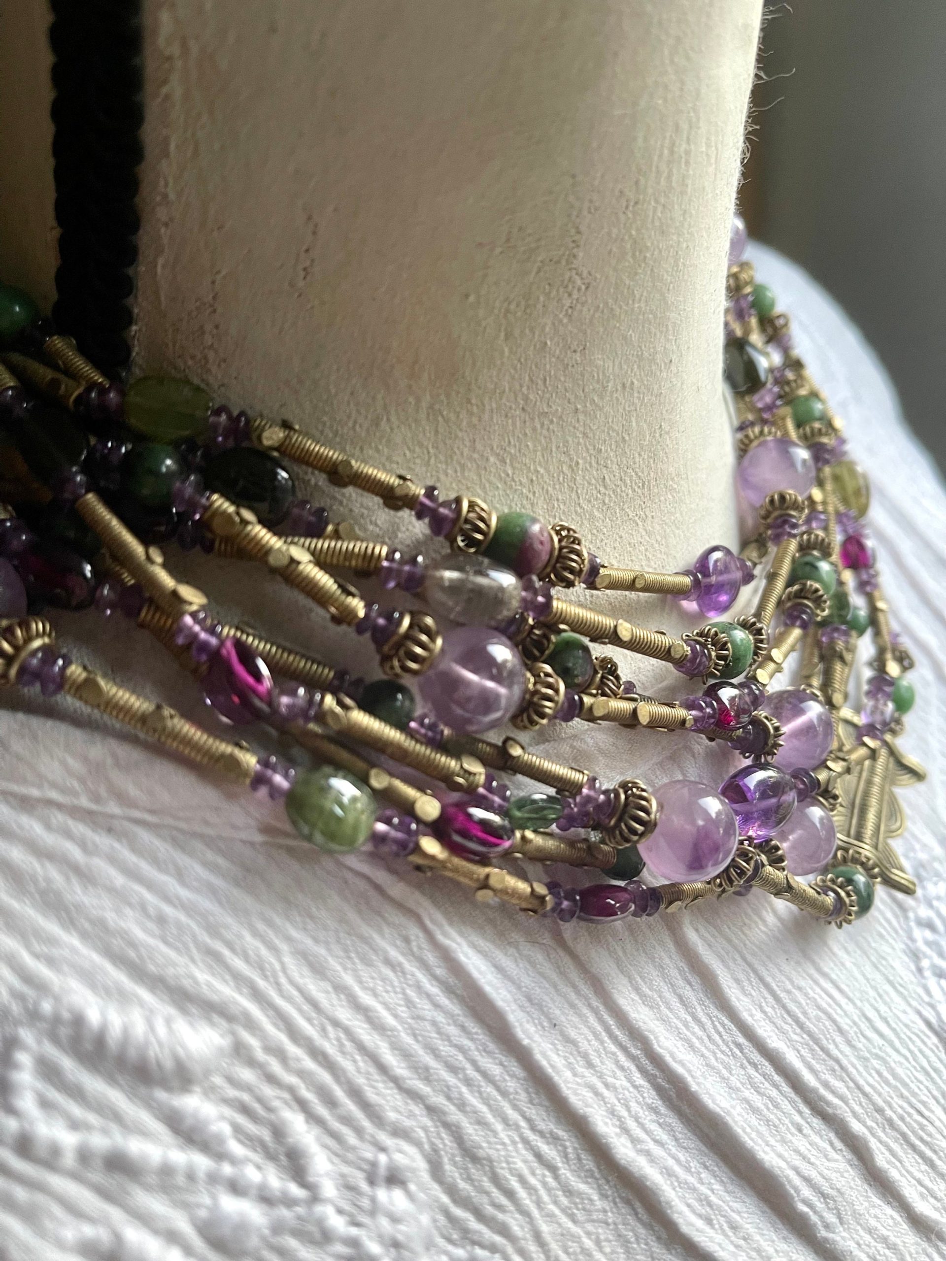 Vintage Gemstone Tribal Statement Necklace Amethyst zoisite garnet ruby gold necklace - Image 8