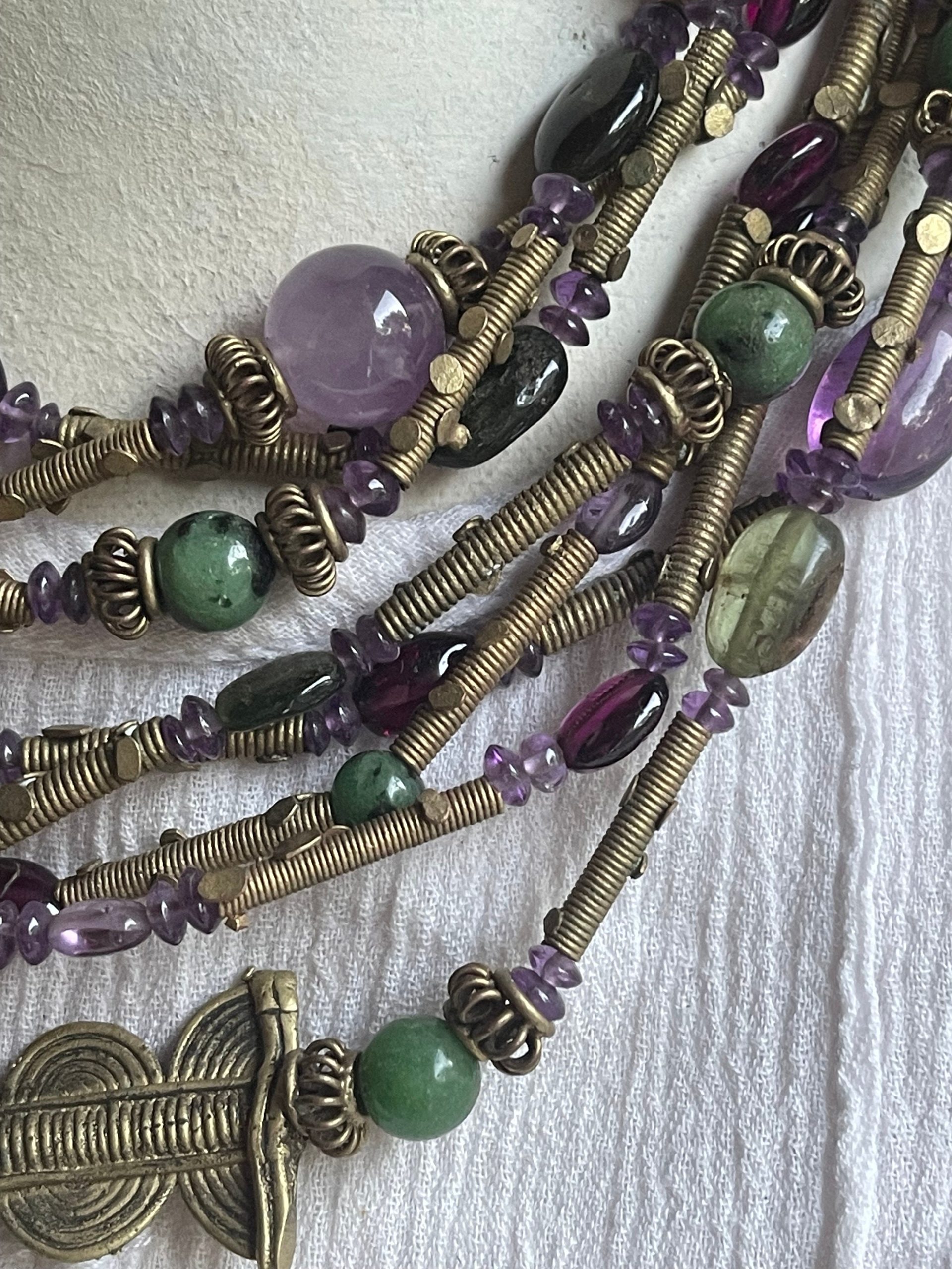 Vintage Gemstone Tribal Statement Necklace Amethyst zoisite garnet ruby gold necklace - Image 7