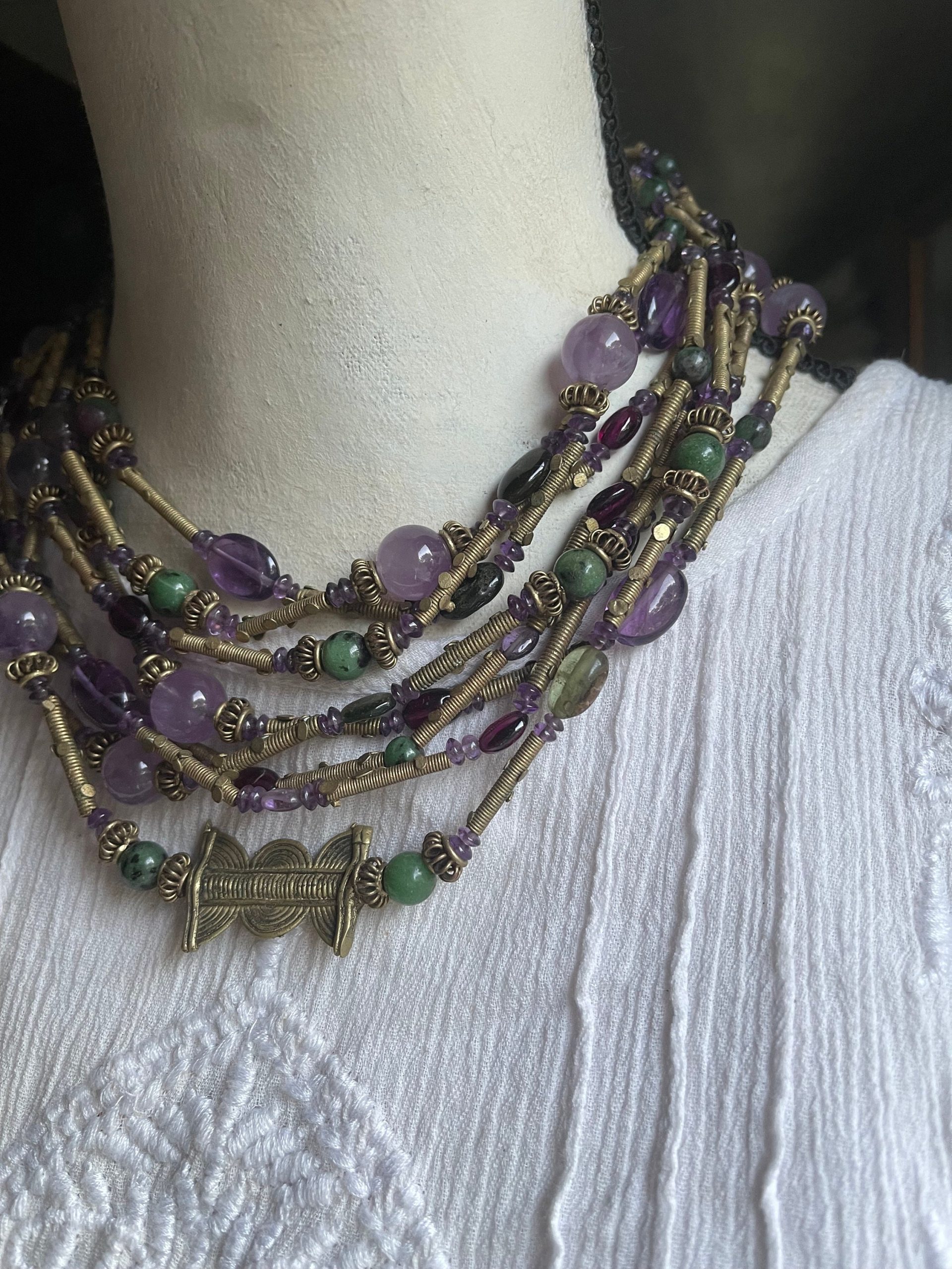 Vintage Gemstone Tribal Statement Necklace Amethyst zoisite garnet ruby gold necklace - Image 10