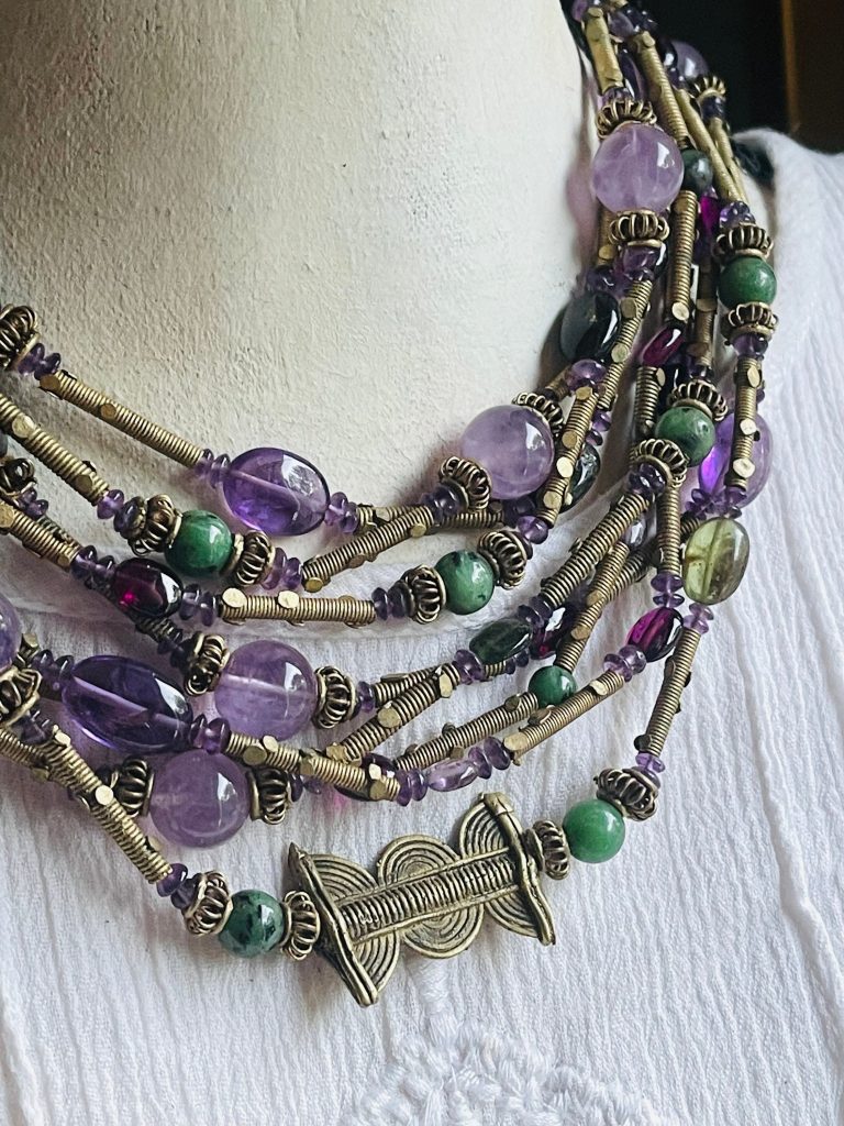 Vintage Gemstone Tribal Statement Necklace Amethyst zoisite garnet ruby gold necklace