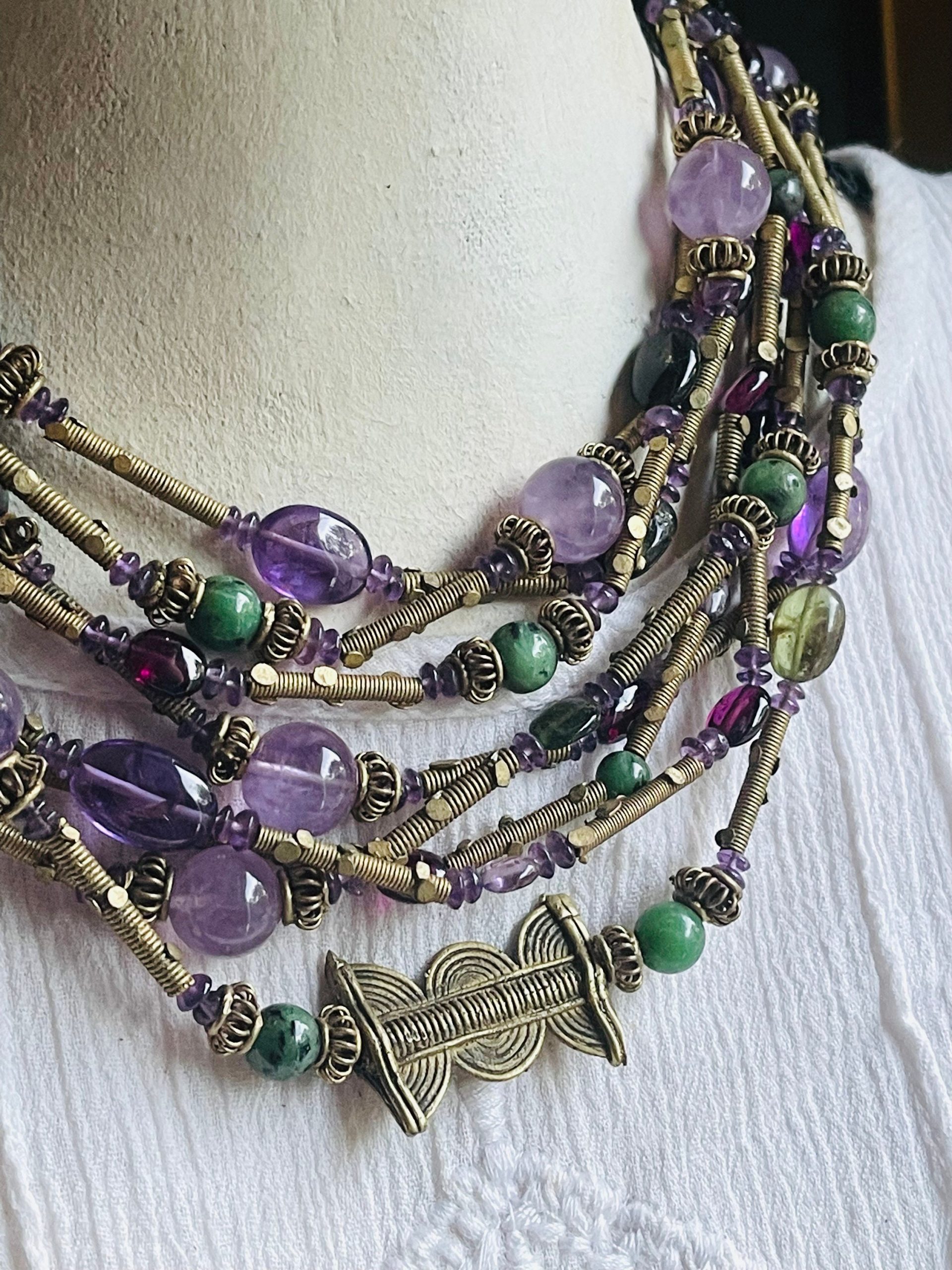 Vintage Gemstone Tribal Statement Necklace Amethyst zoisite garnet ruby gold necklace