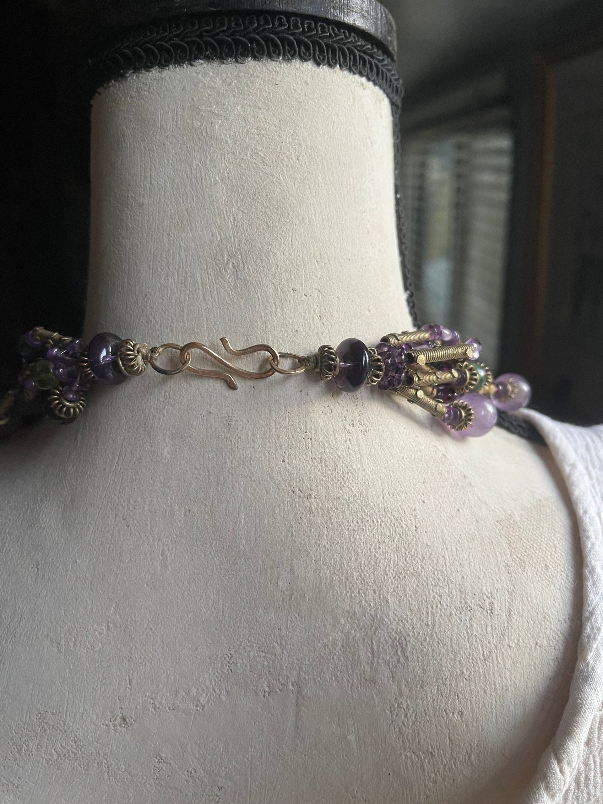 Vintage Gemstone Tribal Statement Necklace Amethyst zoisite garnet ruby gold necklace - Image 9