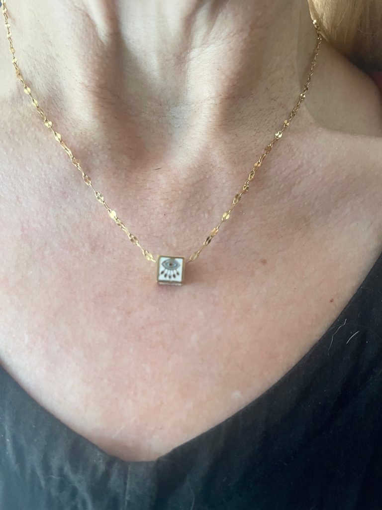 18K Gold Evil Eye Necklace: Handmade Squared Paperclip Chain