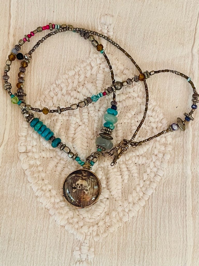 Double-Sided Memento Mori Victorian Necklace - Long Gemstone Sterling Silver Pendant - Unique Gothic Memorial Jewelry
