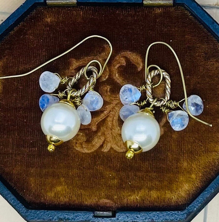Blue Moonstone Pearl Drop Earrings: 18k Gold Filled Wire