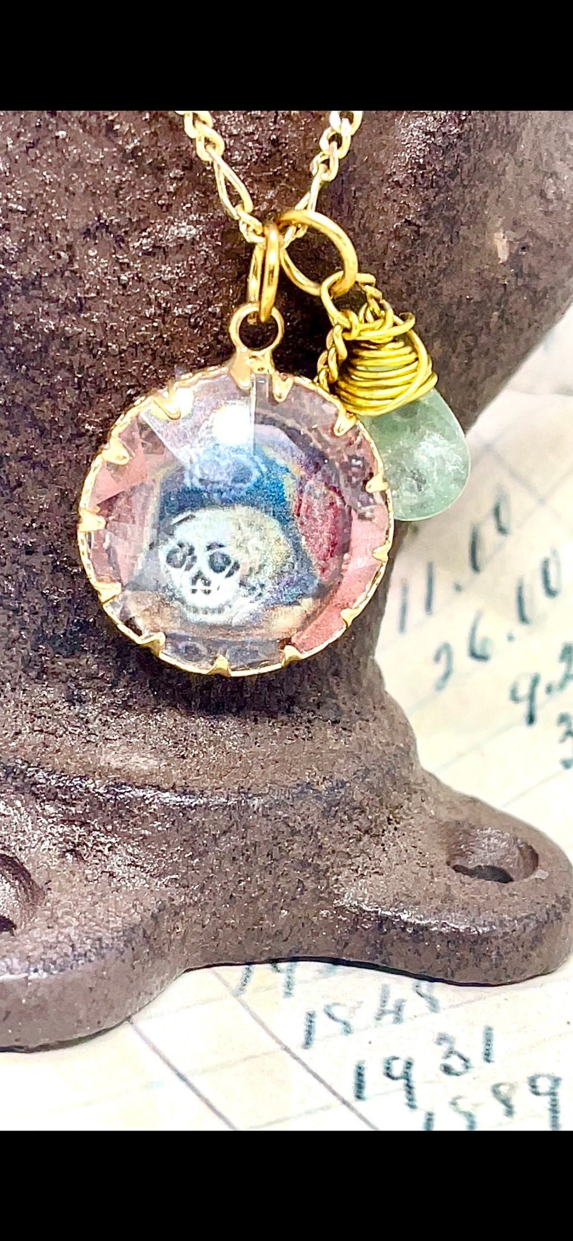 Gothic Memento Mori Quartz Crystal Skull Necklace: Aquamarine Pendant