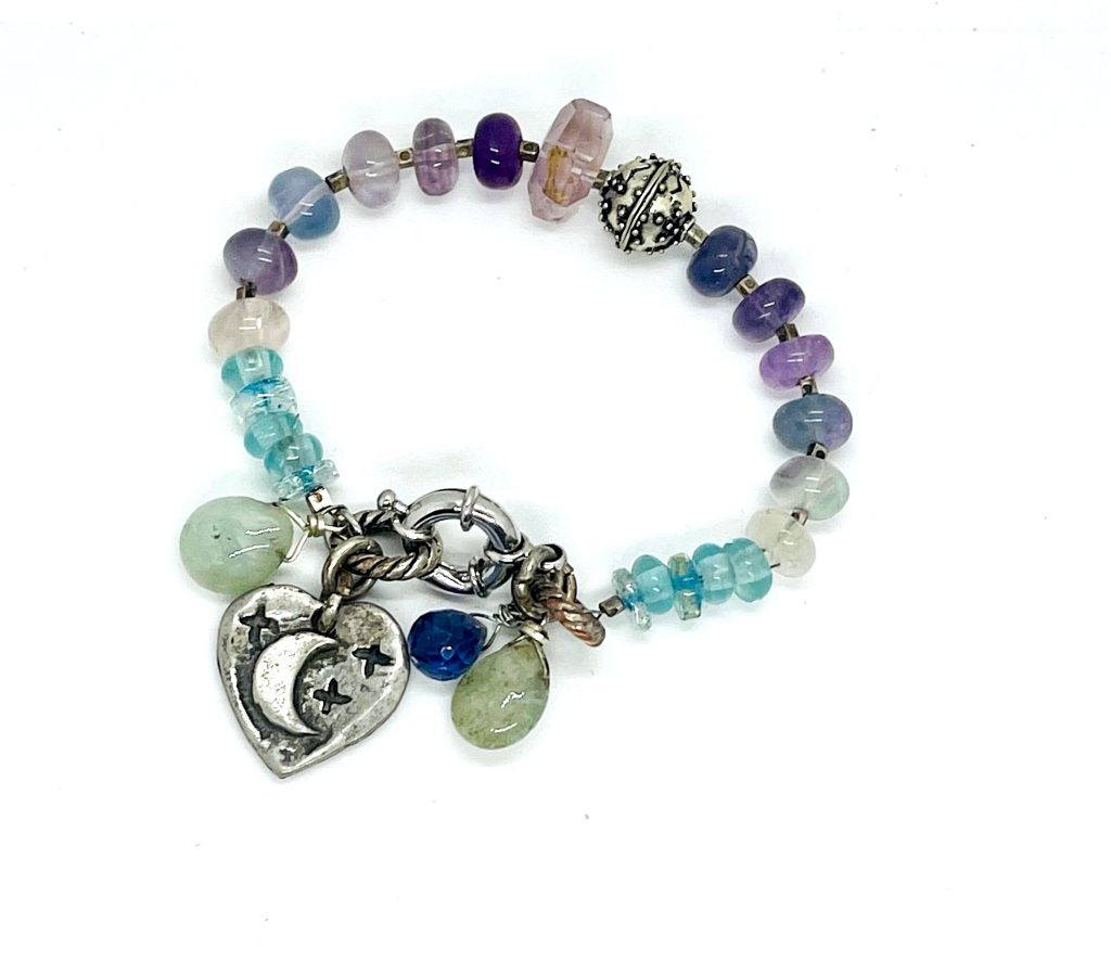 Sterling Silver Charm Bracelet with Fluorite & Tourmaline - Rich Purples and Blues - Handcrafted Multi-Gemstone Jewelry