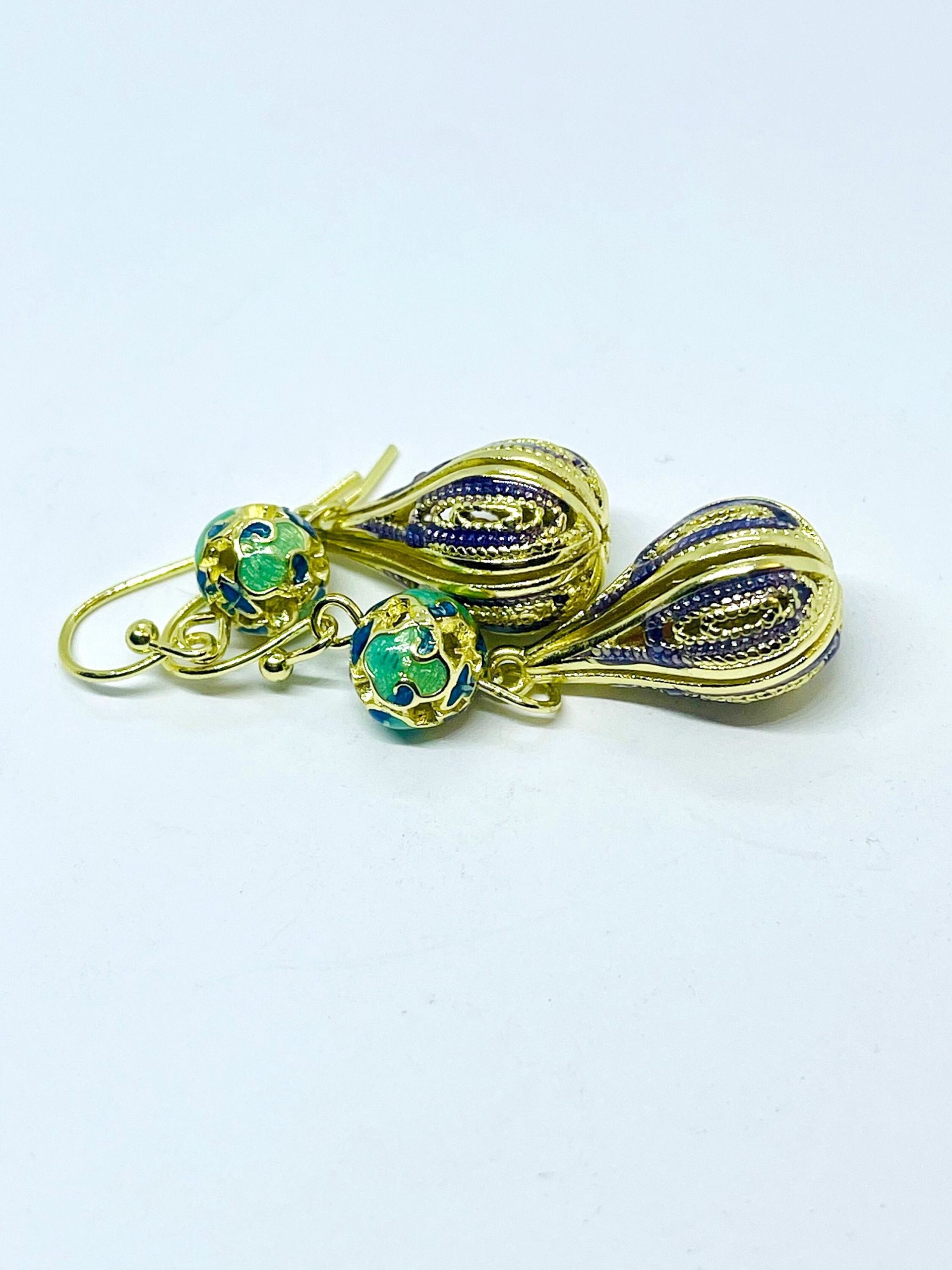 Blue Enamel Drop Earrings: Vintage Gold Tone Hypoallergenic Jewelry - Image 2