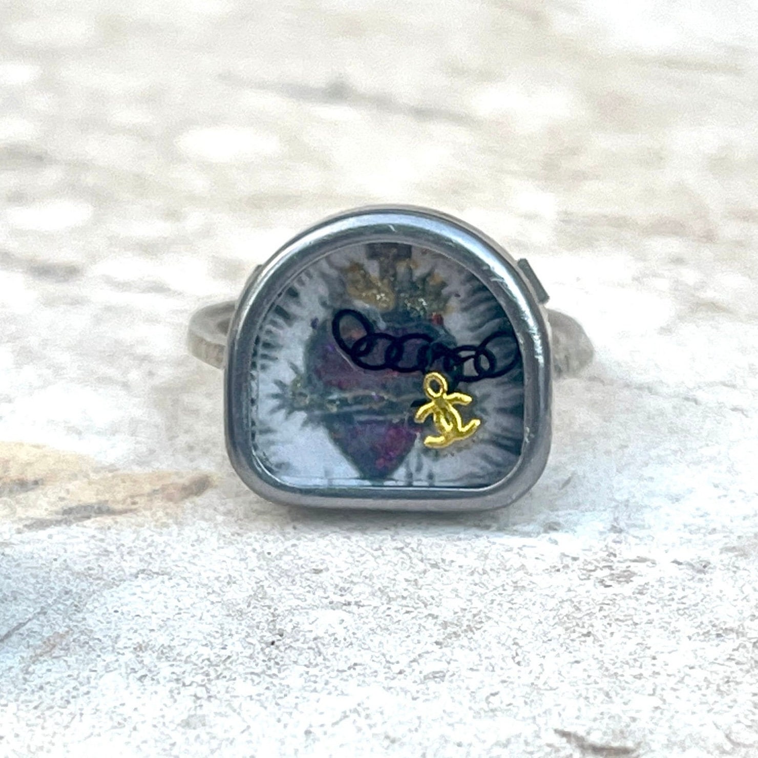 Memento Mori Skull Ring: Sacred Heart, Lost Love Letters Detail - Image 5