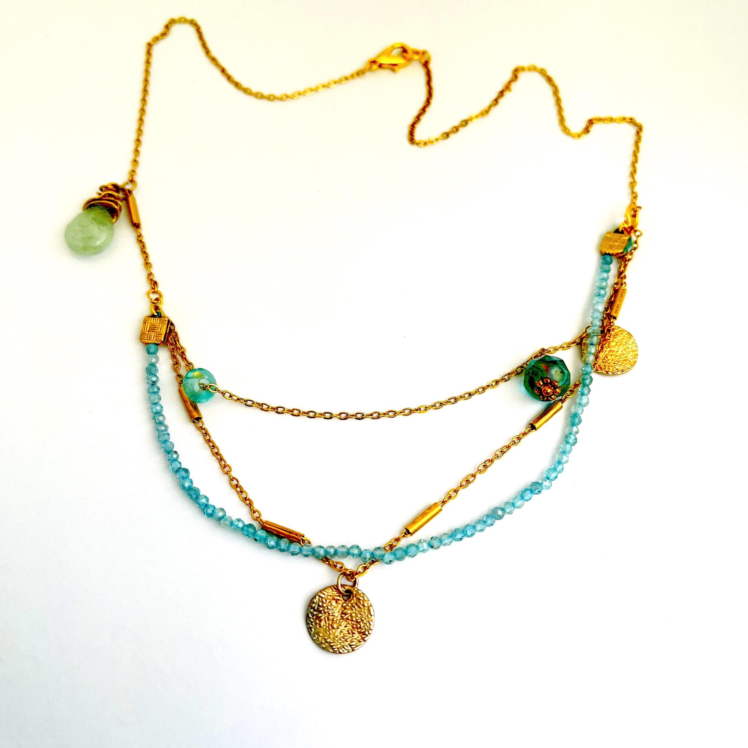 Aquamarine Necklace, Gold Filled Coin Charm, Layered Gemstone - Image 3