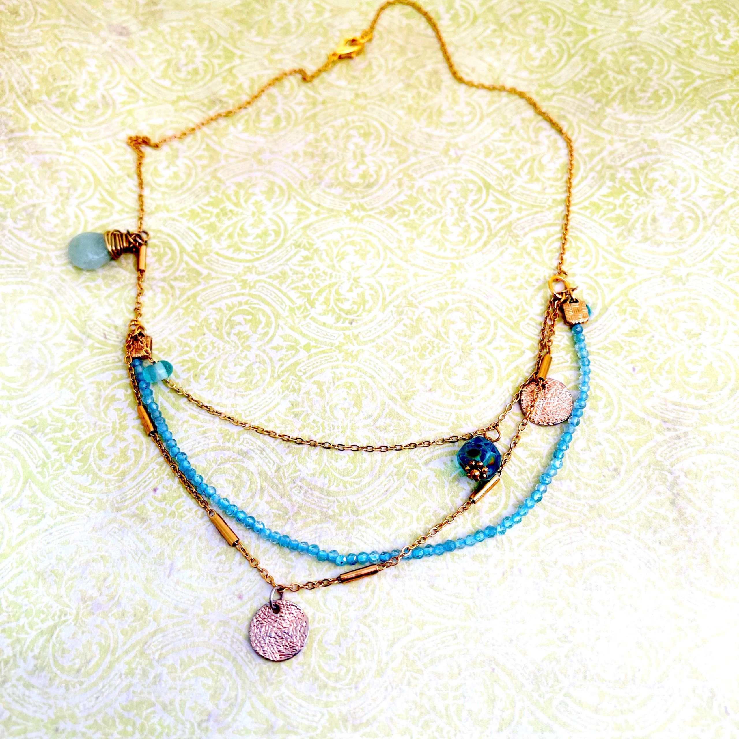 Aquamarine Necklace, Gold Filled Coin Charm, Layered Gemstone - Image 7