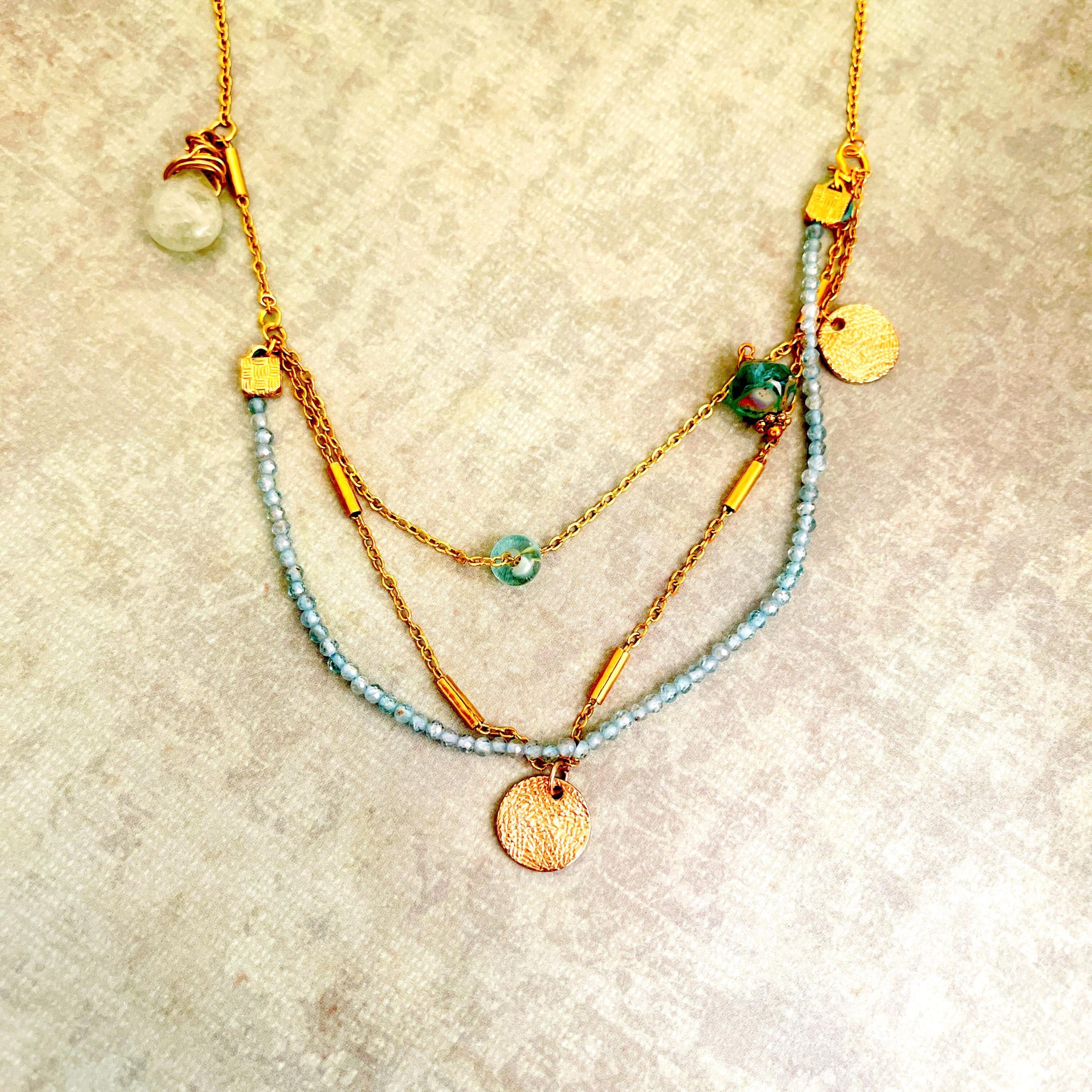 Aquamarine Necklace, Gold Filled Coin Charm, Layered Gemstone - Image 5