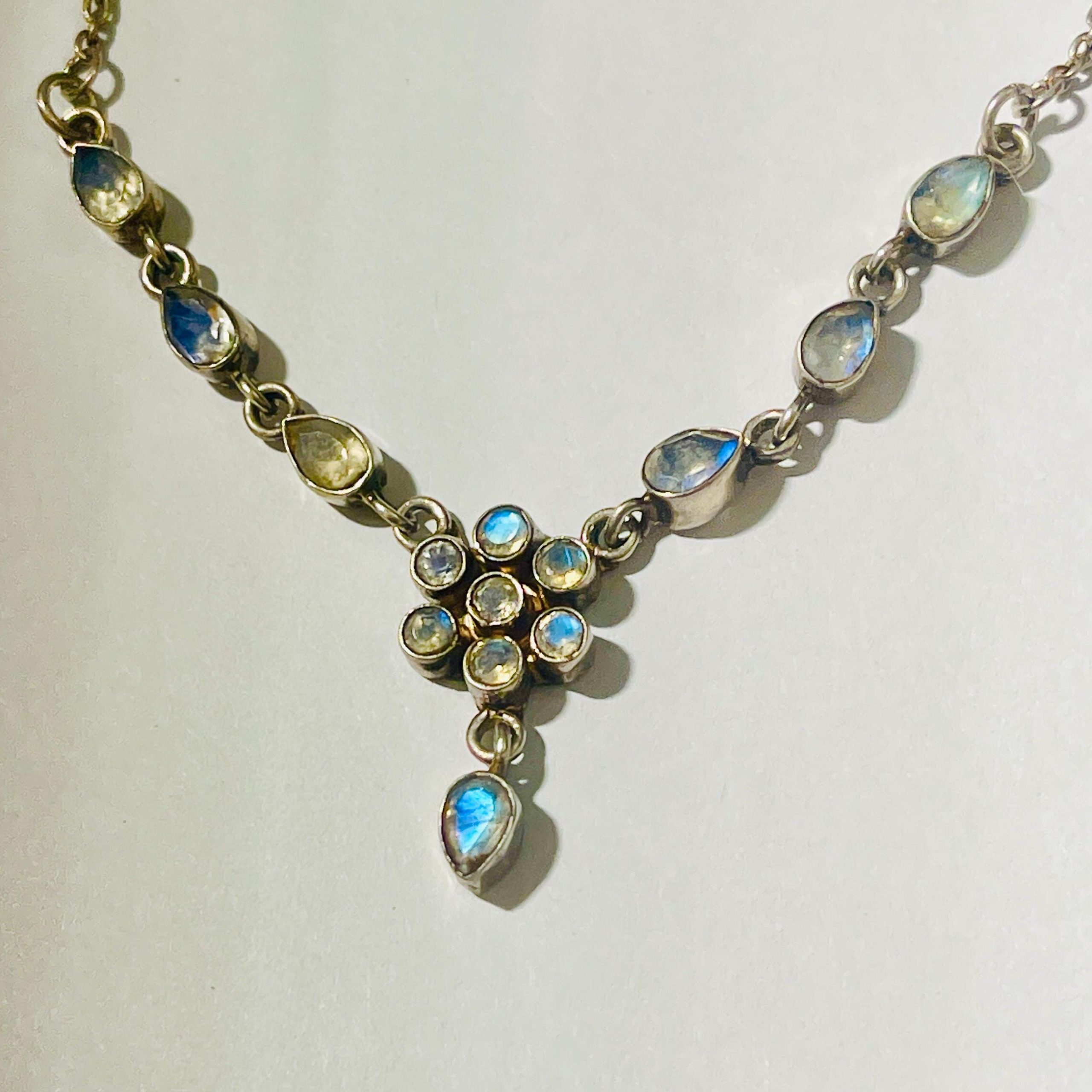 Rare Blue Moonstone Sterling Silver Necklace: Antique Gemstone Jewelry