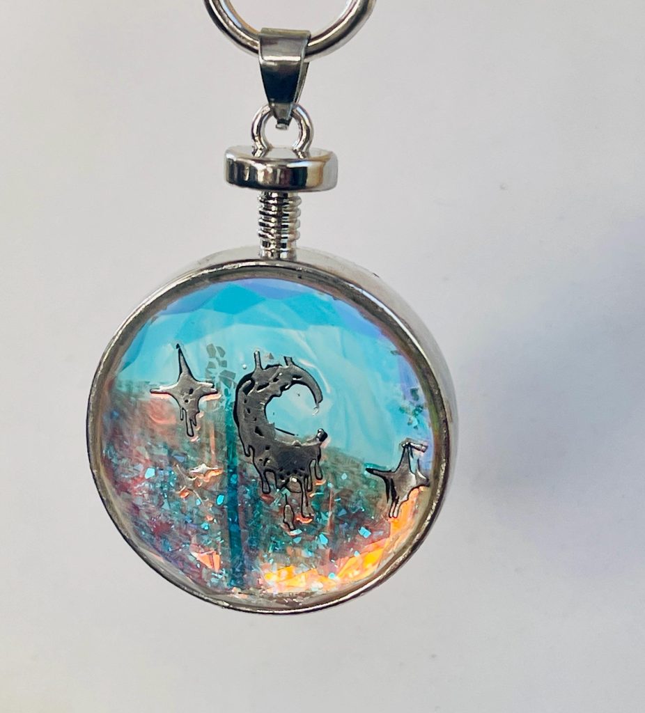 Handmade Glass Memorial Locket: Diamond Shaker Crystal Pendant, Moon & Stars
