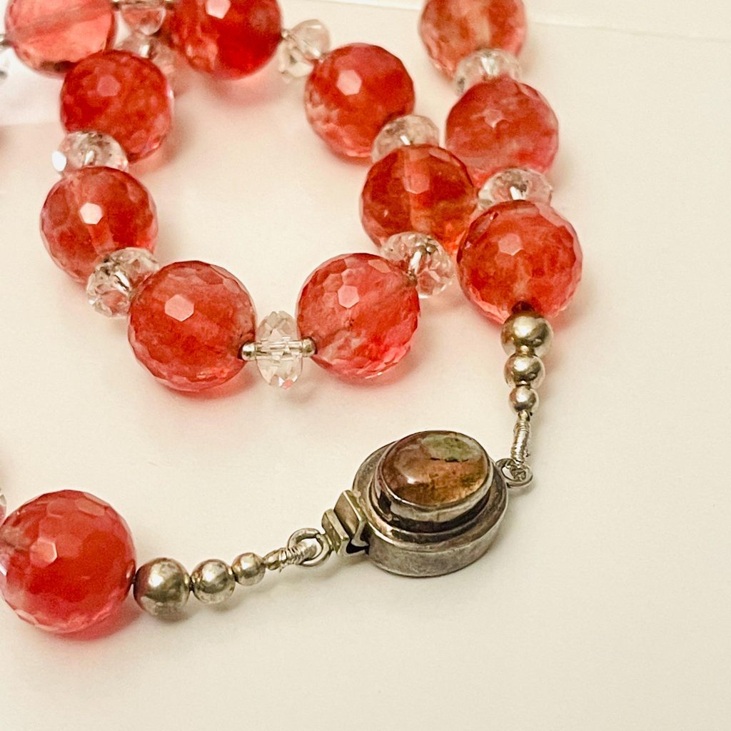 Handmade Strawberry Quartz Necklace: Sterling Silver, Pink Tourmaline Clasp