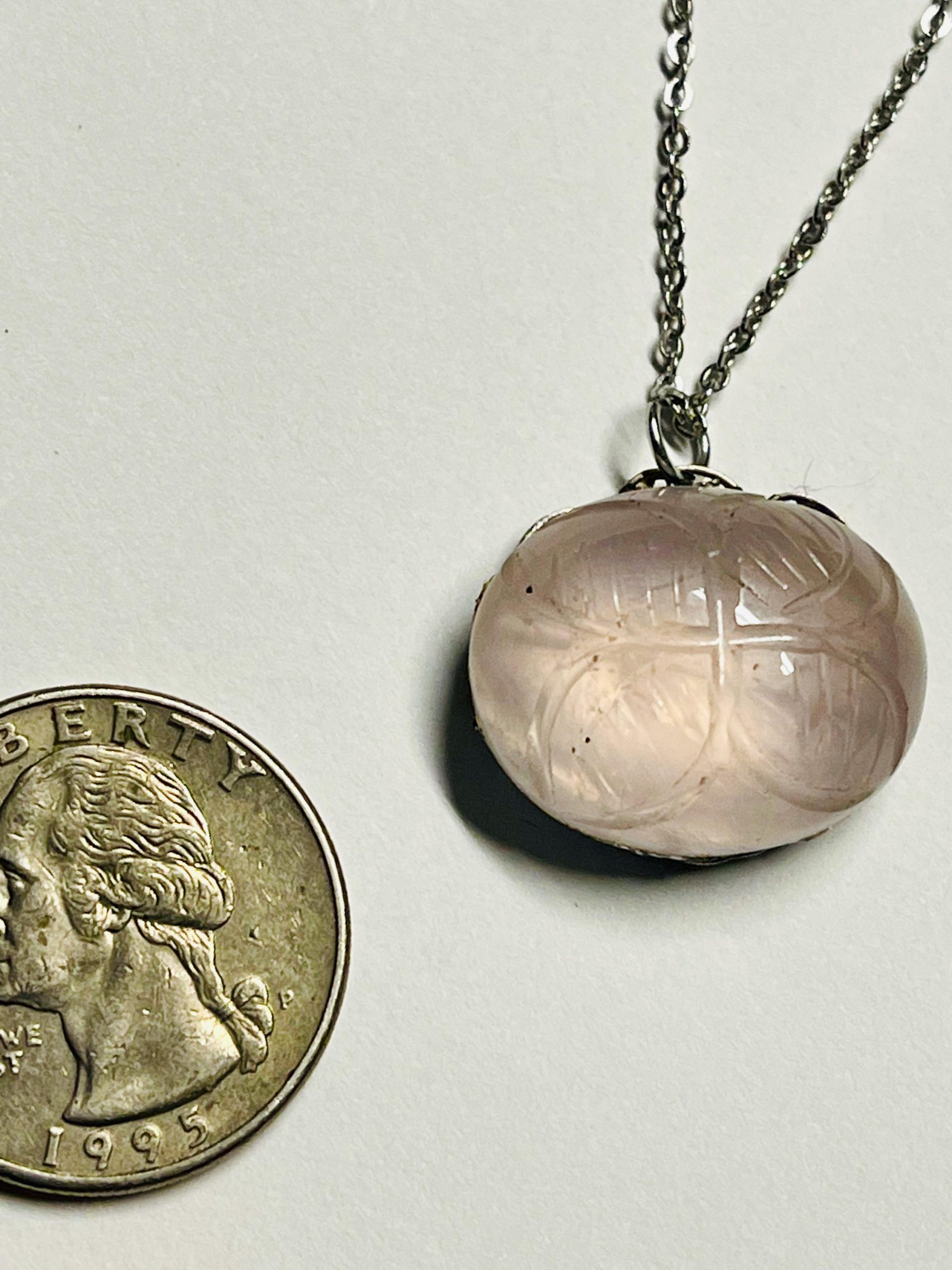 Carved Rose Quartz Skull Necklace: Antique Silver Filigree, Sterling Silver Chain - Image 9