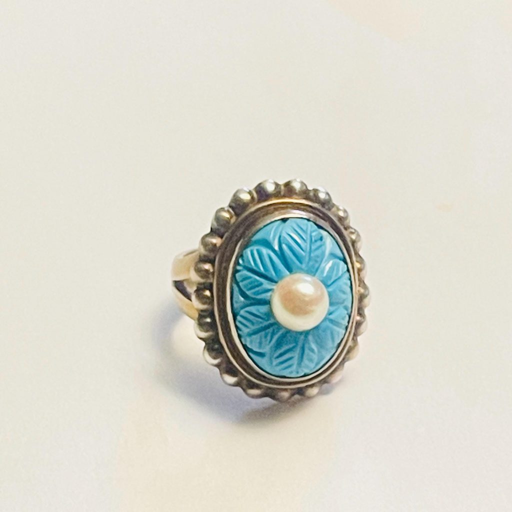 Vintage Carved Turquoise Pearl Ring: 18k Gold Sterling Silver, Size 8.5
