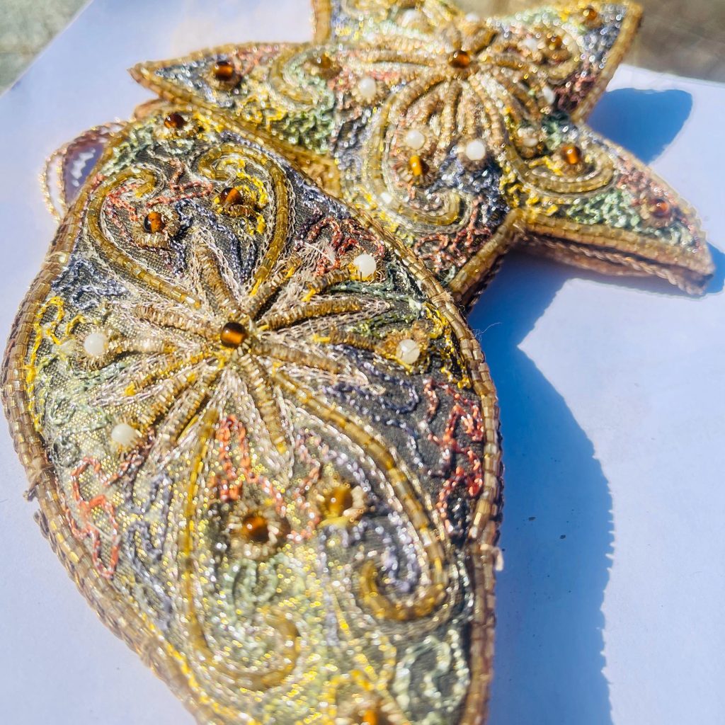 Victorian Embroidered Christmas Ornaments, Large Gold Silver Velvet Set