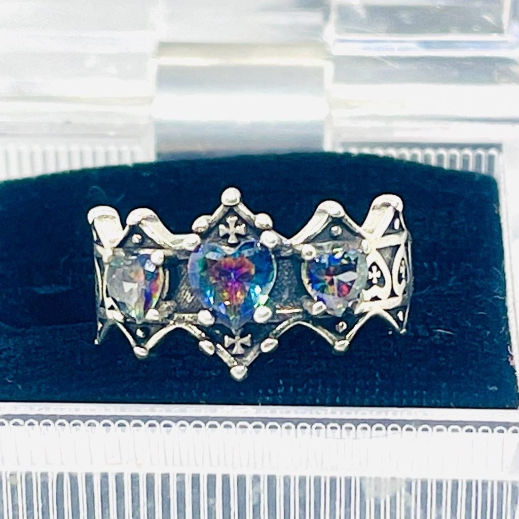 Vintage Cross & Castle Ring: Color Changing Gemstone, Silver Midi Ring